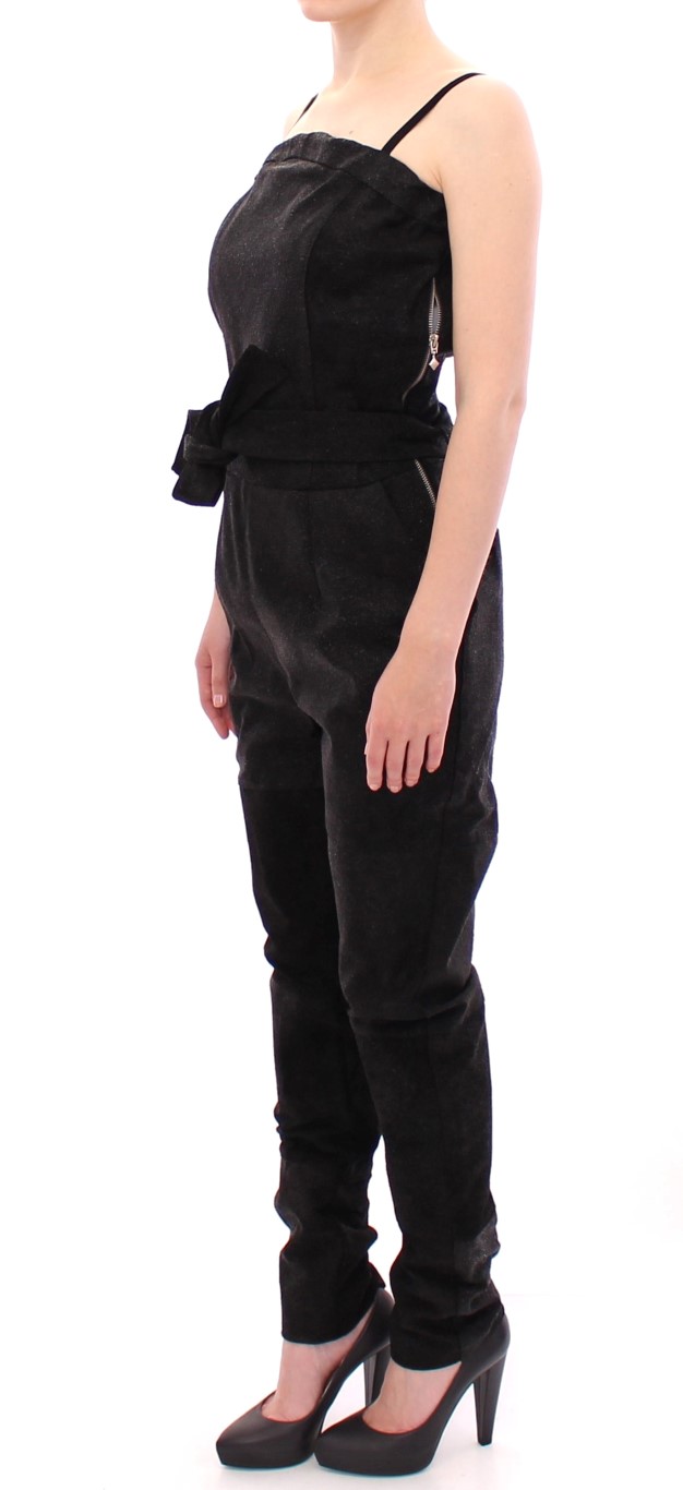 Elegant Black Leather Jumpsuit with Waist Strap hover