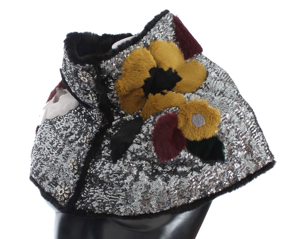 Silver Sequined Floral Weasel Fur Shoulder Scarf Wrap hover