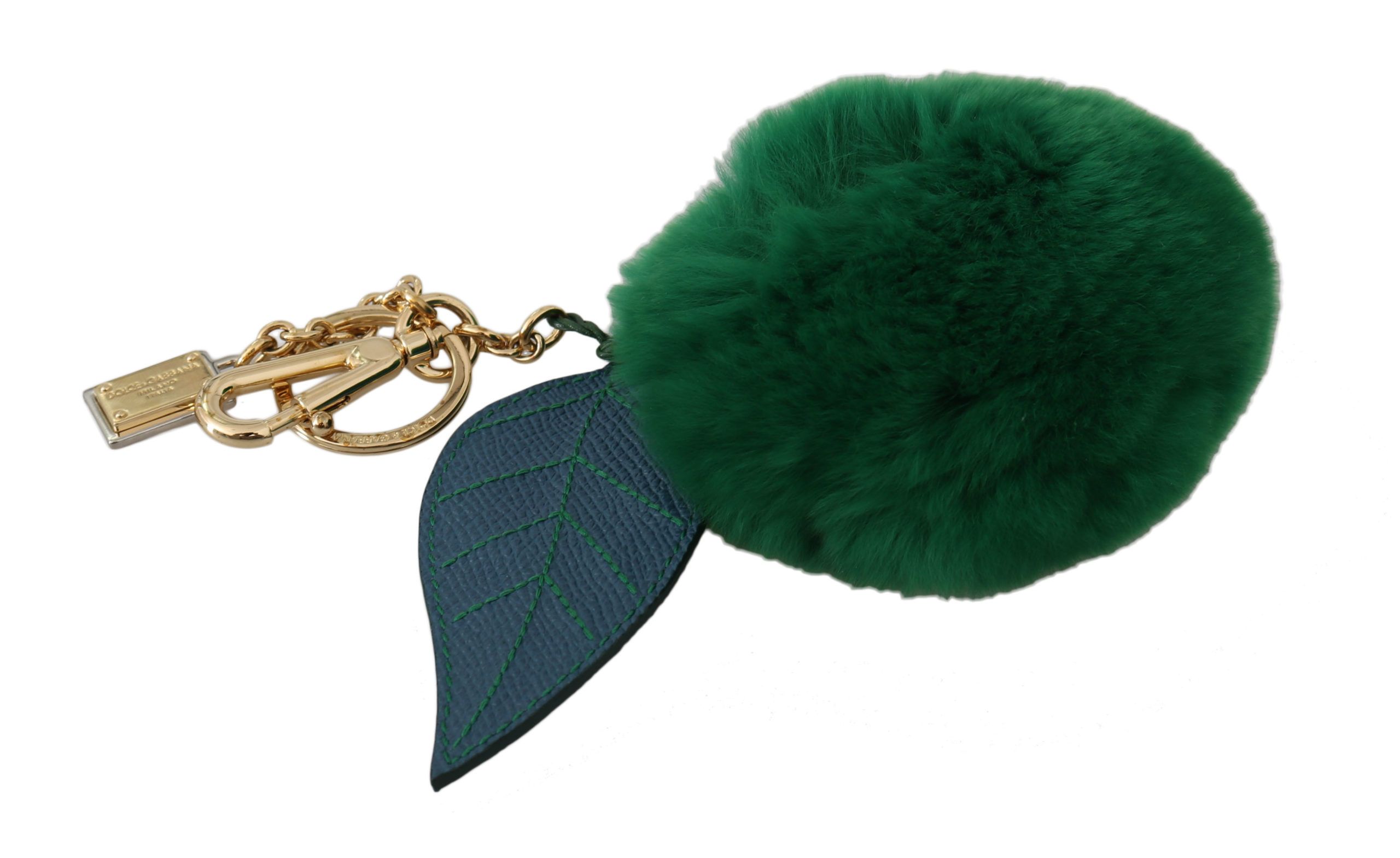 Green Leather Fur Gold Clasp Keyring Women Keychain hover