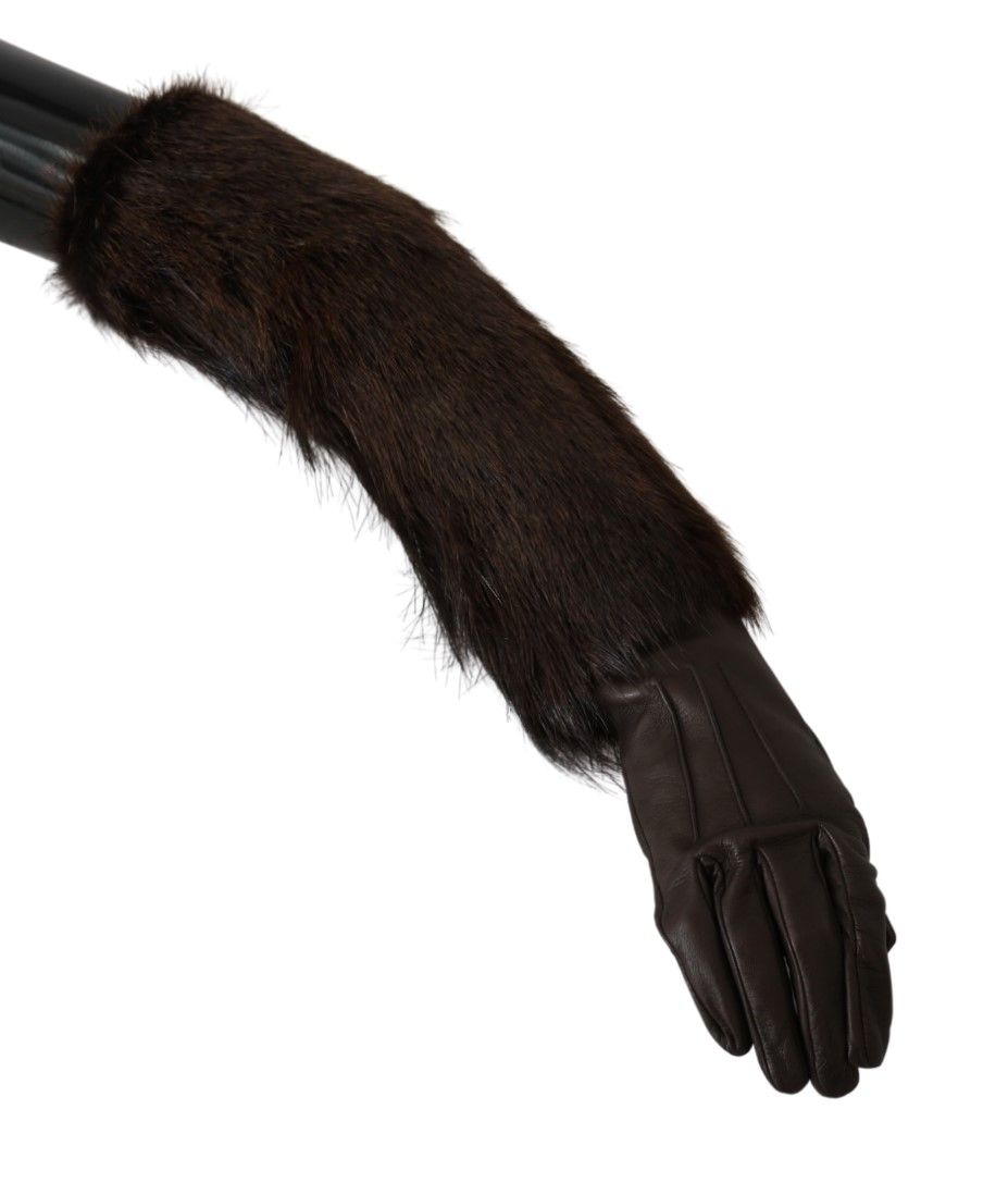 Brown Elbow Length Mittens Leather Fur Gloves hover