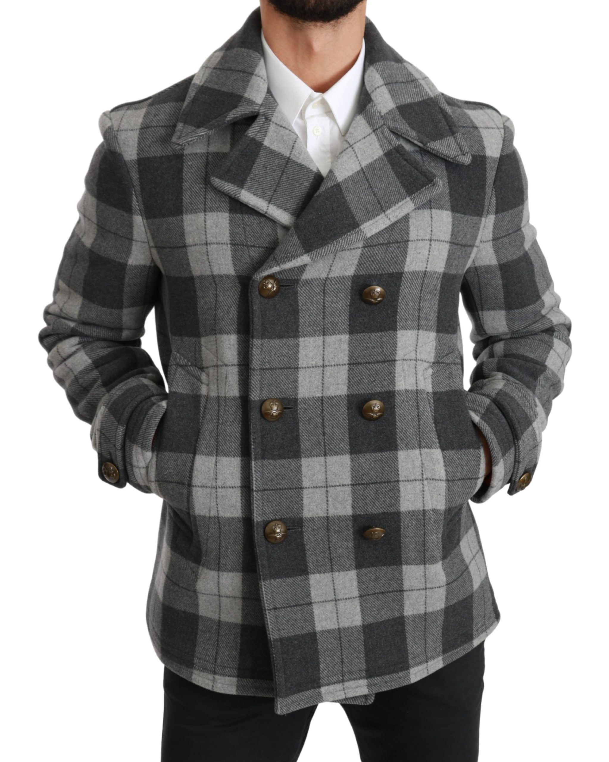 Elegant Gray Check Double Breasted Coat hover