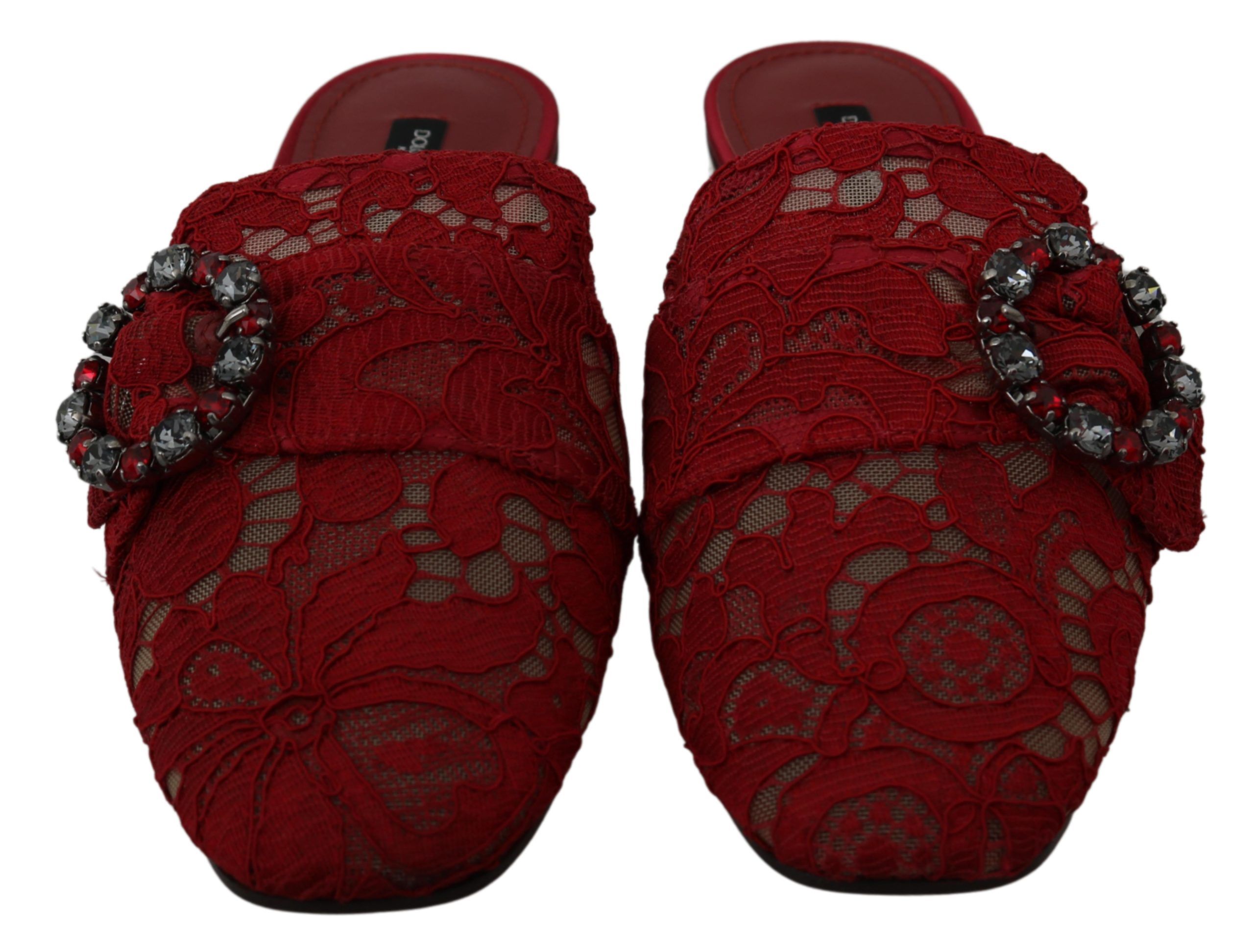 Red Lace Crystal Slide On Flats Shoes hover
