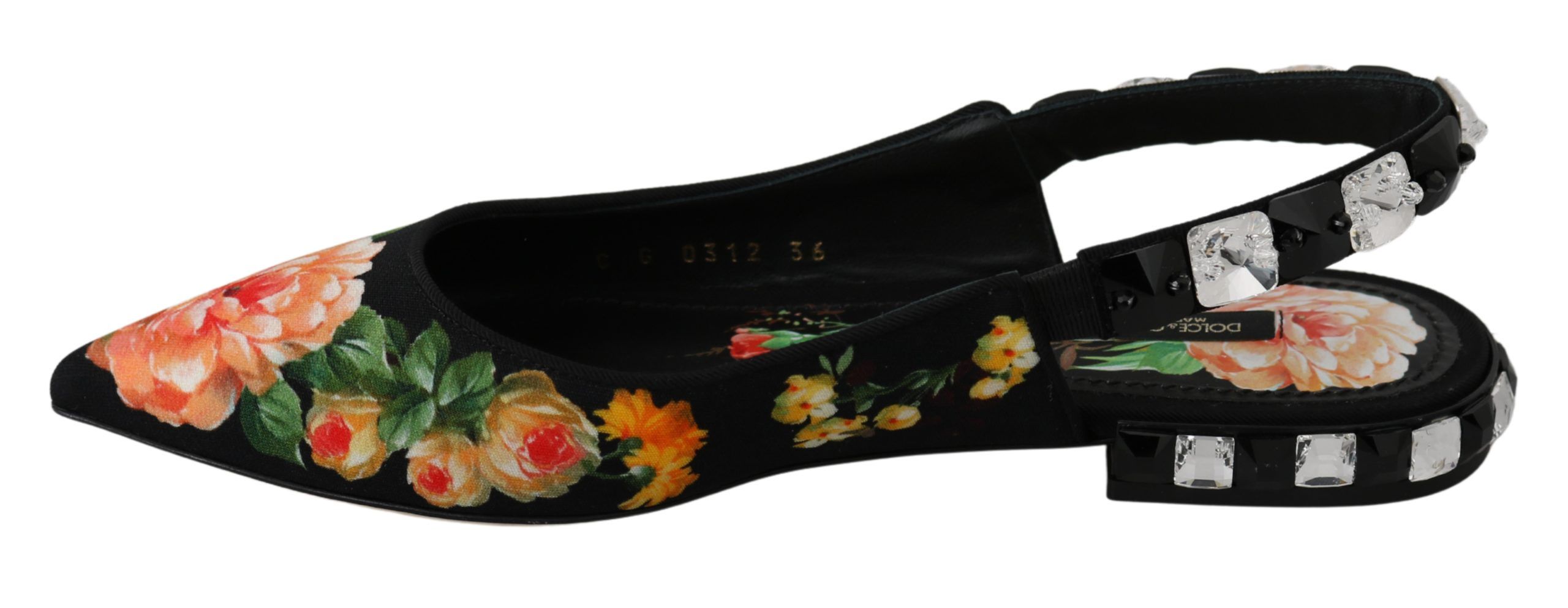Black Floral Crystal Slingbacks Flats Shoes hover