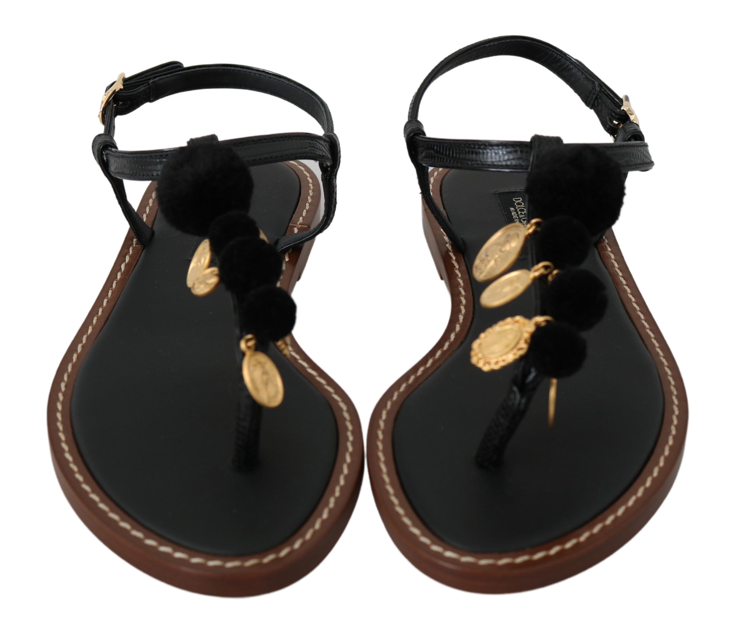 Black Leather Coins Flip Flops Sandals Shoes hover