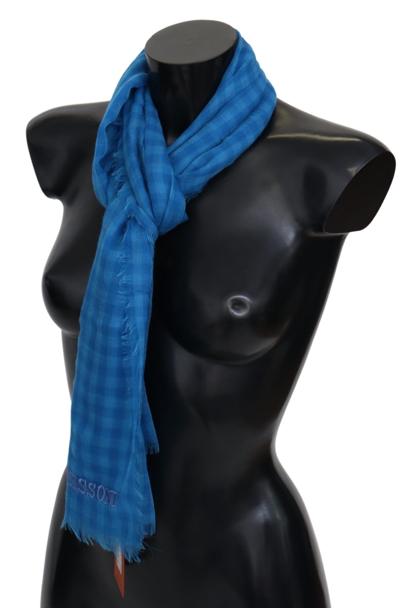Blue Checkered Cashmere Unisex Wrap Fringes Scarf hover