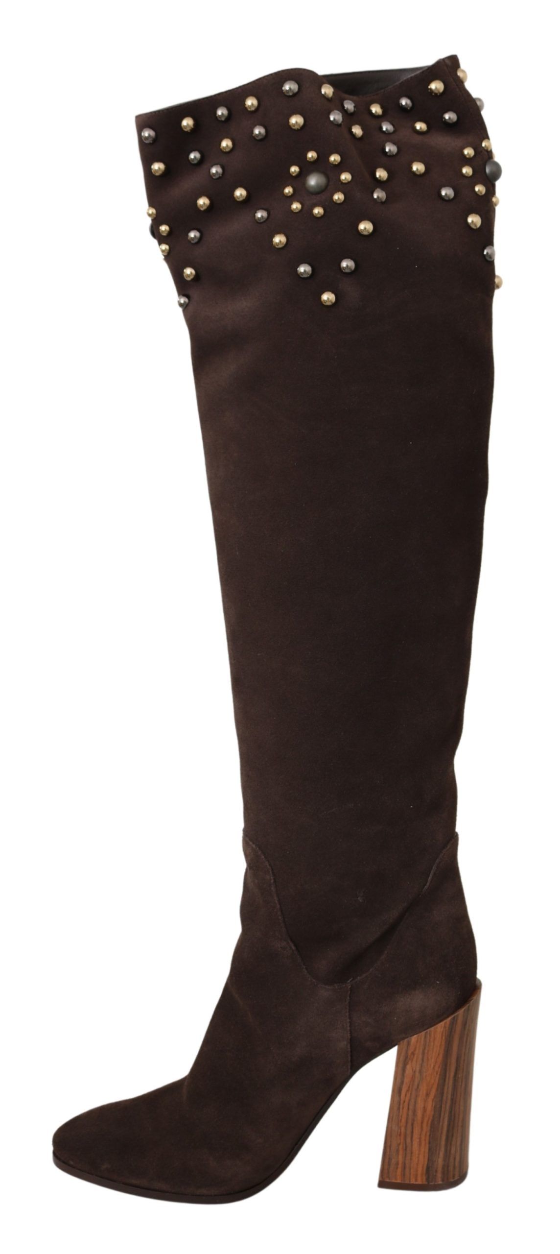 Brown Suede Studded Knee High Shoes Boots hover