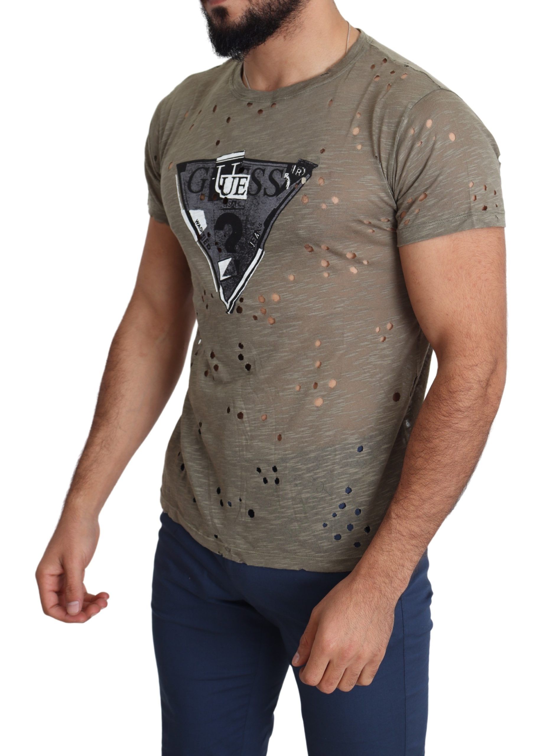 Brown Cotton Stretch Logo Print Men Casual Perforated T-shirt hover