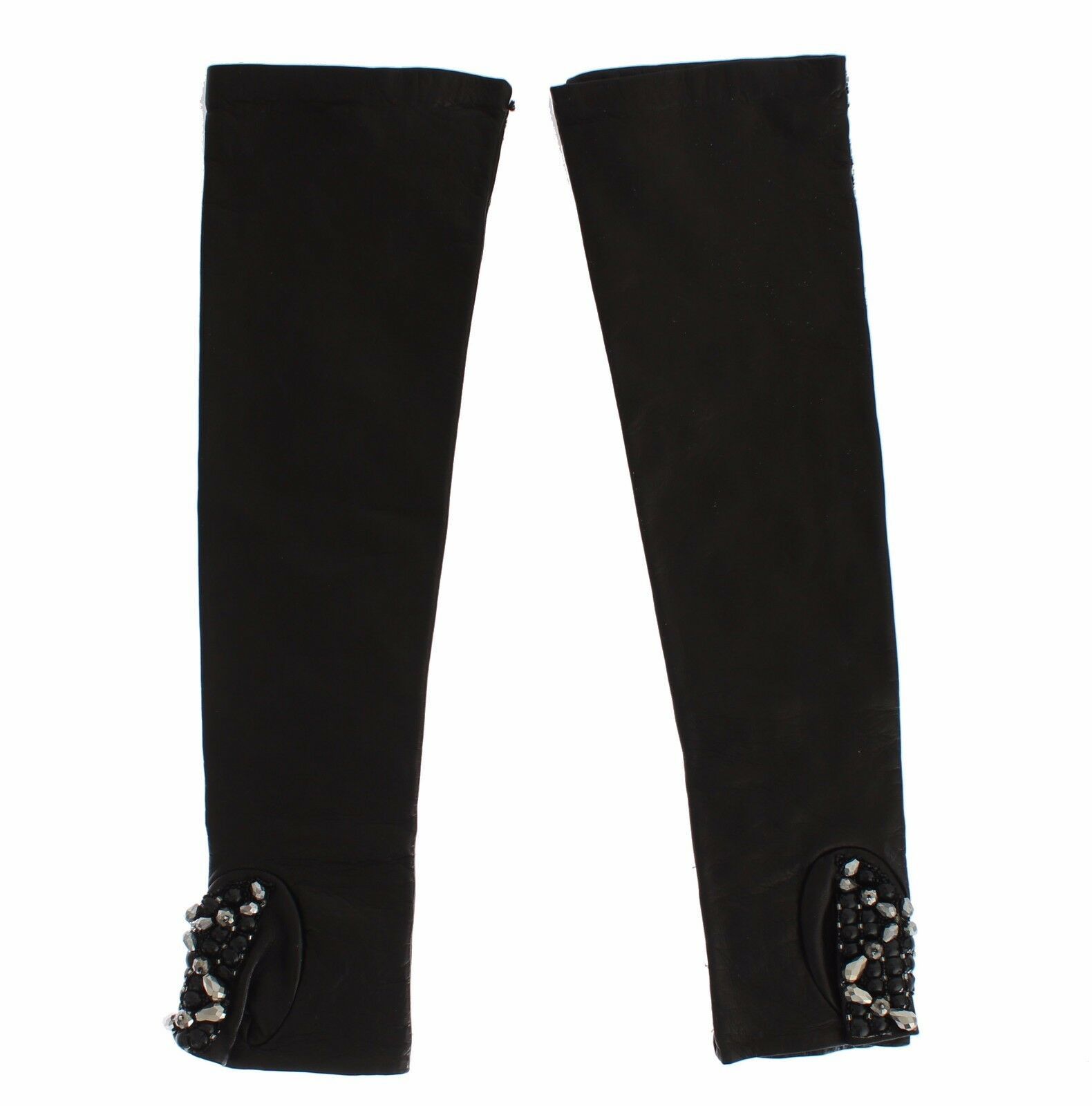 Black Leather Crystal Beaded Finger Free Gloves hover