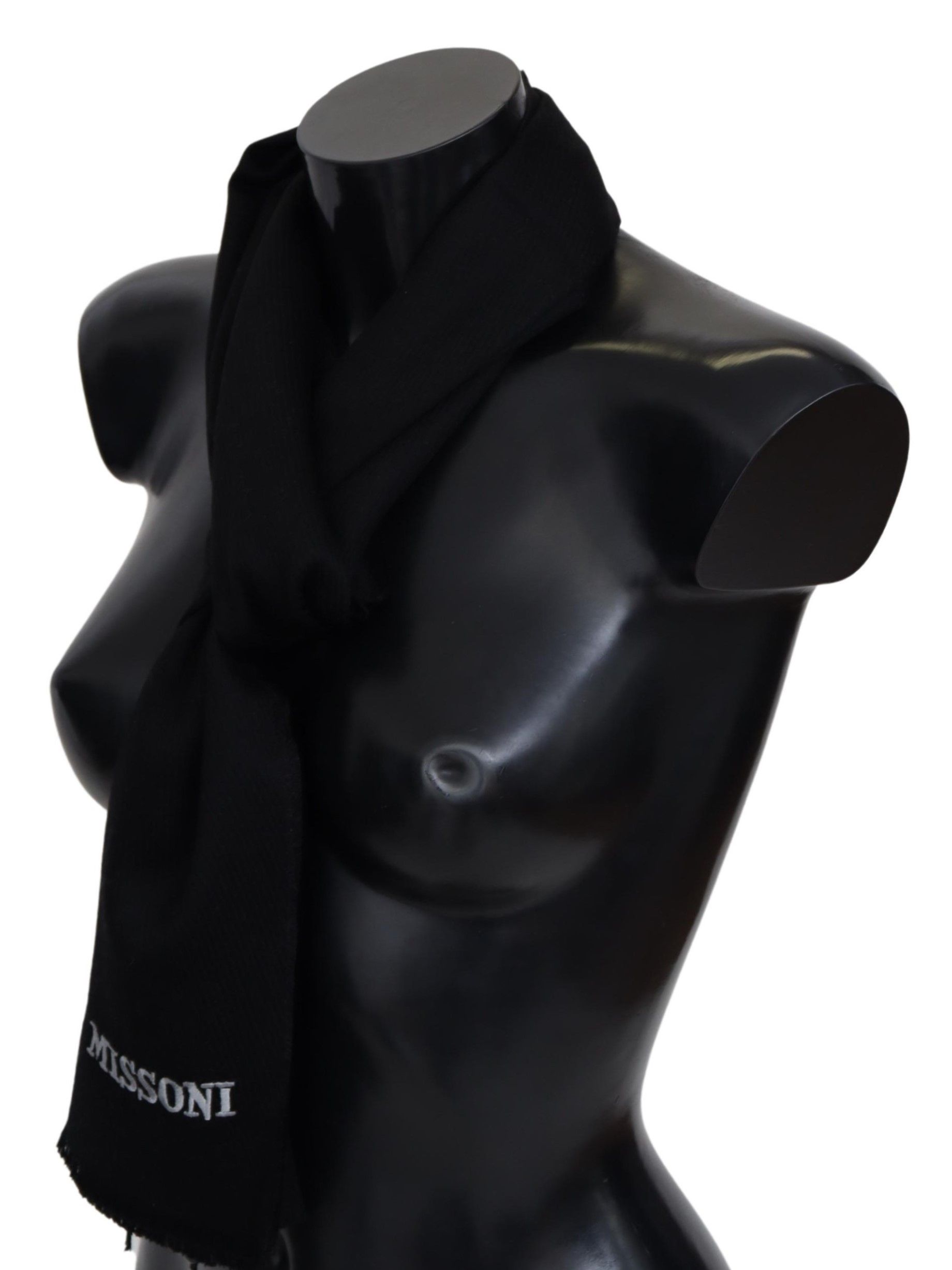 Black 100% Wool Unisex Neck Wrap Fringes Logo Scarf hover