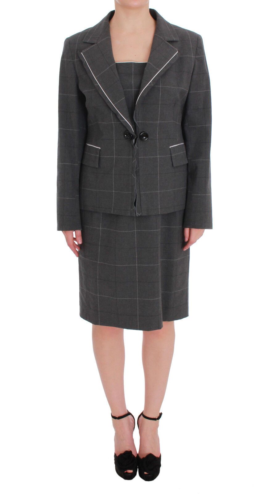 Gray Checkered Cotton Blazer Dress Set Suit hover