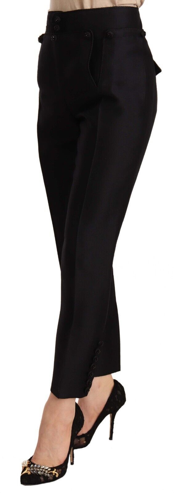Black Button Embellished Cropped High Waist Pants hover