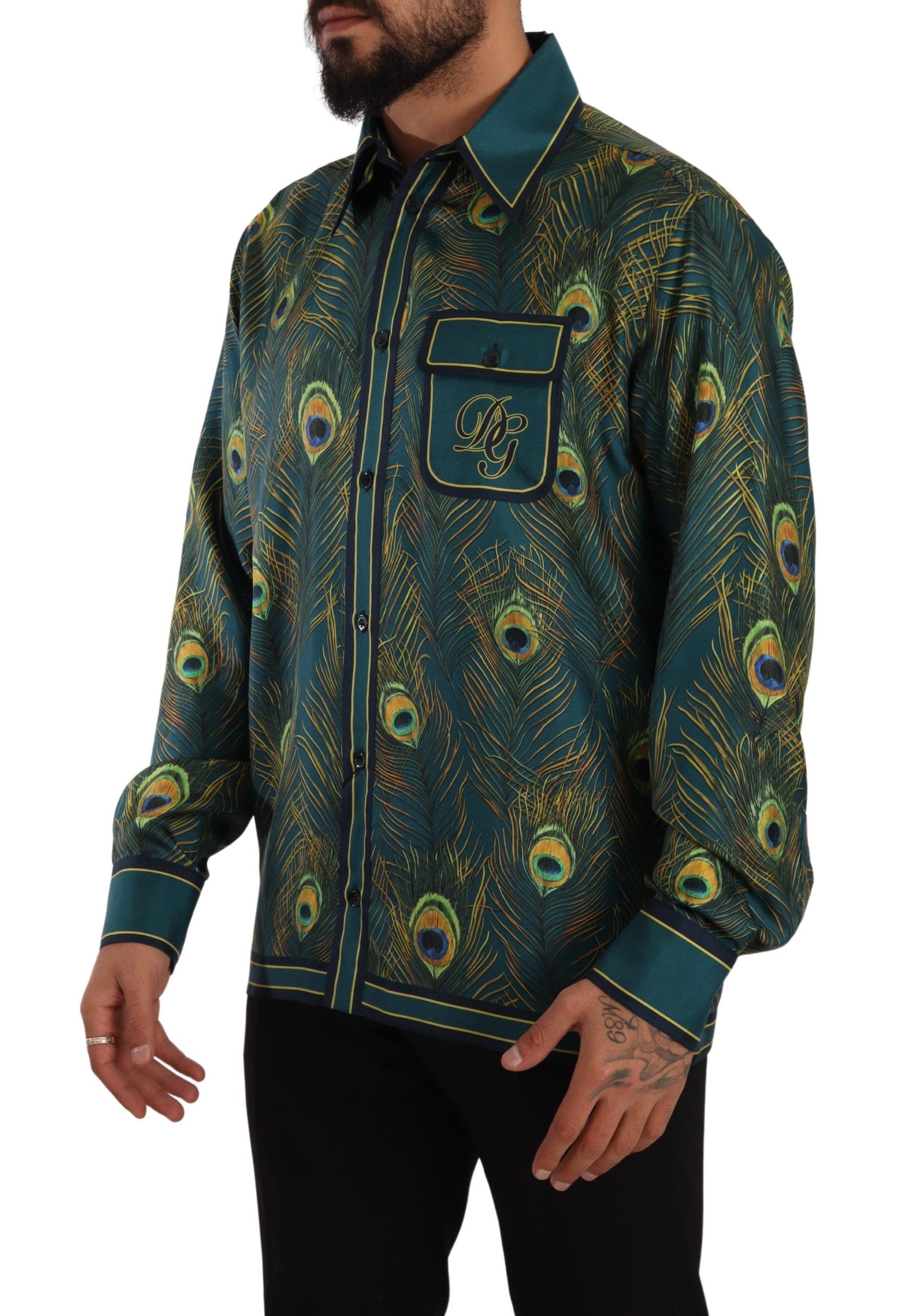 Peacock Feather Print Silk Shirt hover