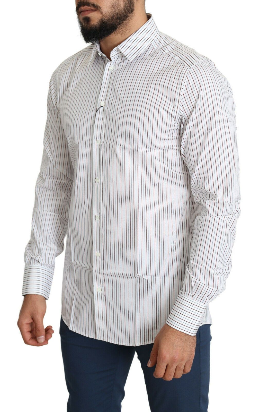 Elegant White Striped Cotton Dress Shirt hover