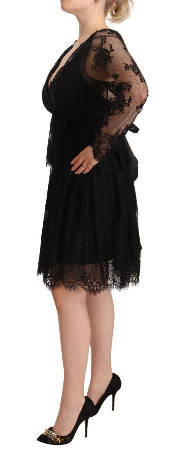 Black Floral Lace Cotton Long Sleeves V-neck Shift Dress hover