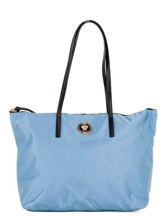 Portuna Medusa Medium Cornflower Blue Nylon Leather Tote Bag Purse hover