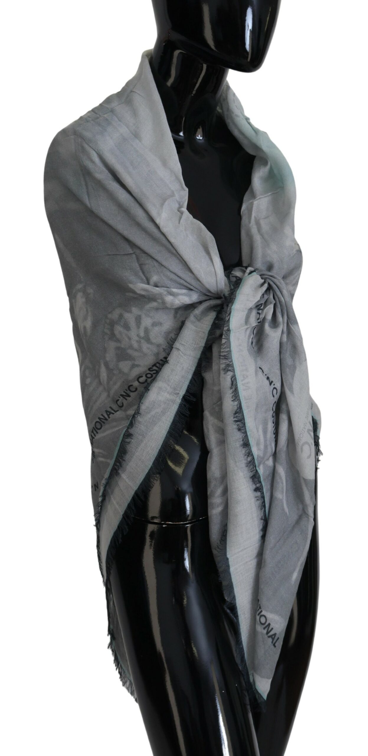 Gray Print Shawl Foulard Fringes Scarf hover