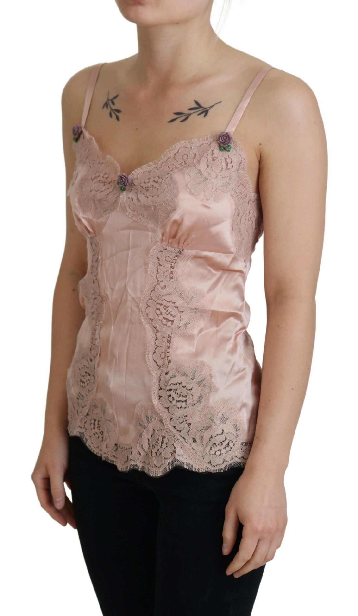 Pink Satin Lace Roses Tank Top Lingerie hover