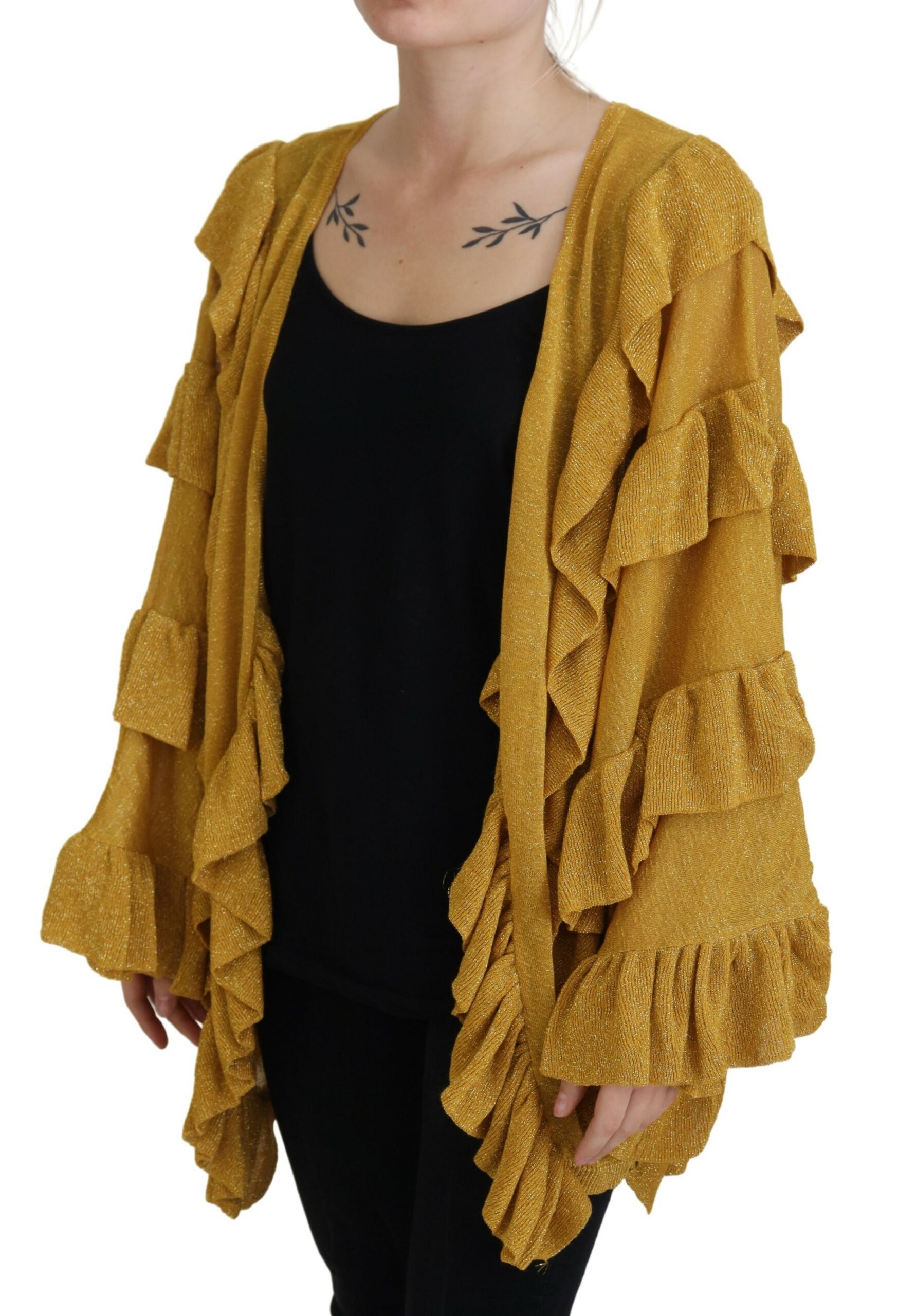 Gold Long Sleeves Ruffled Women Cardigan Sweater hover