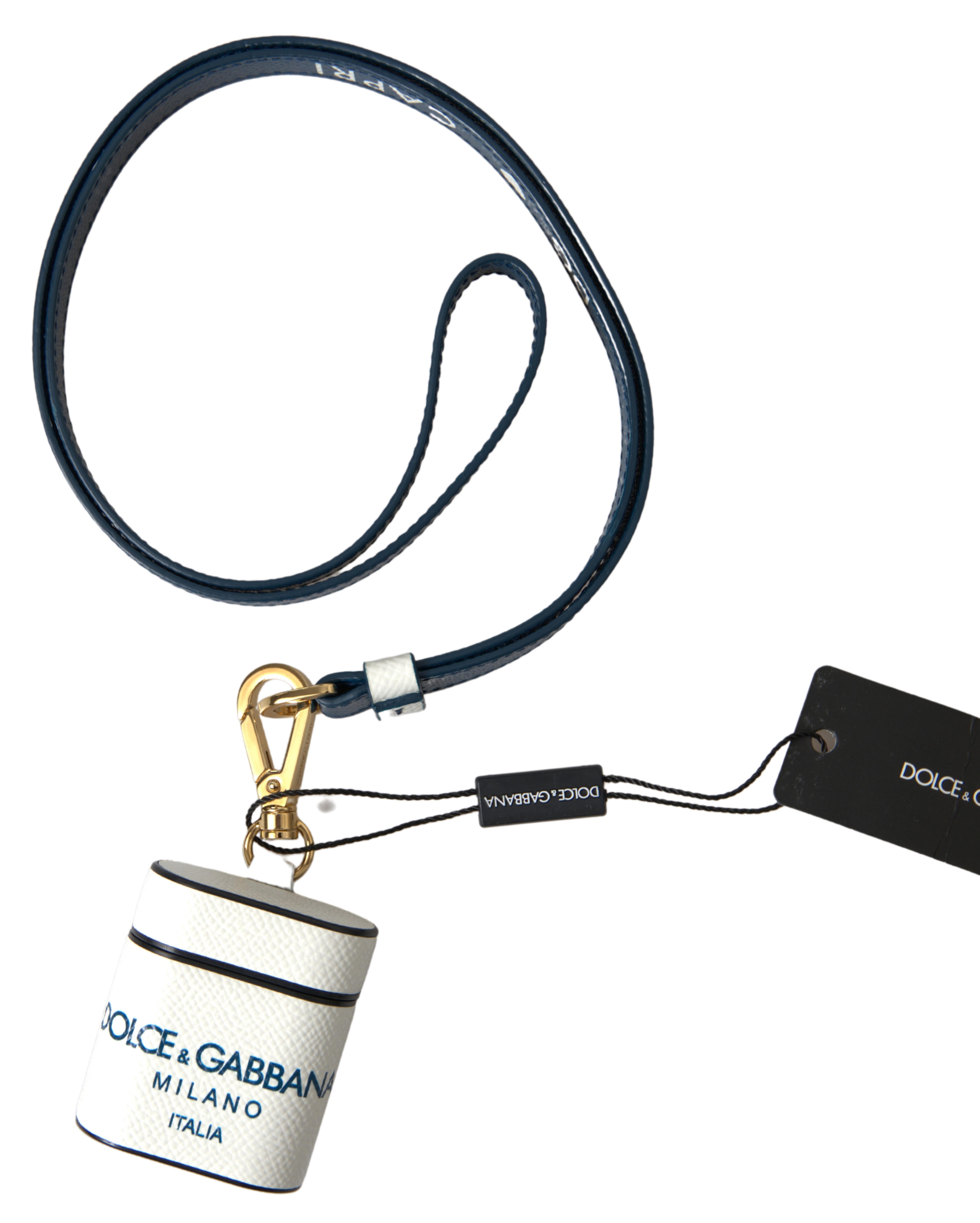 White Blue Calf Leather Logo Print Strap Airpods Case hover