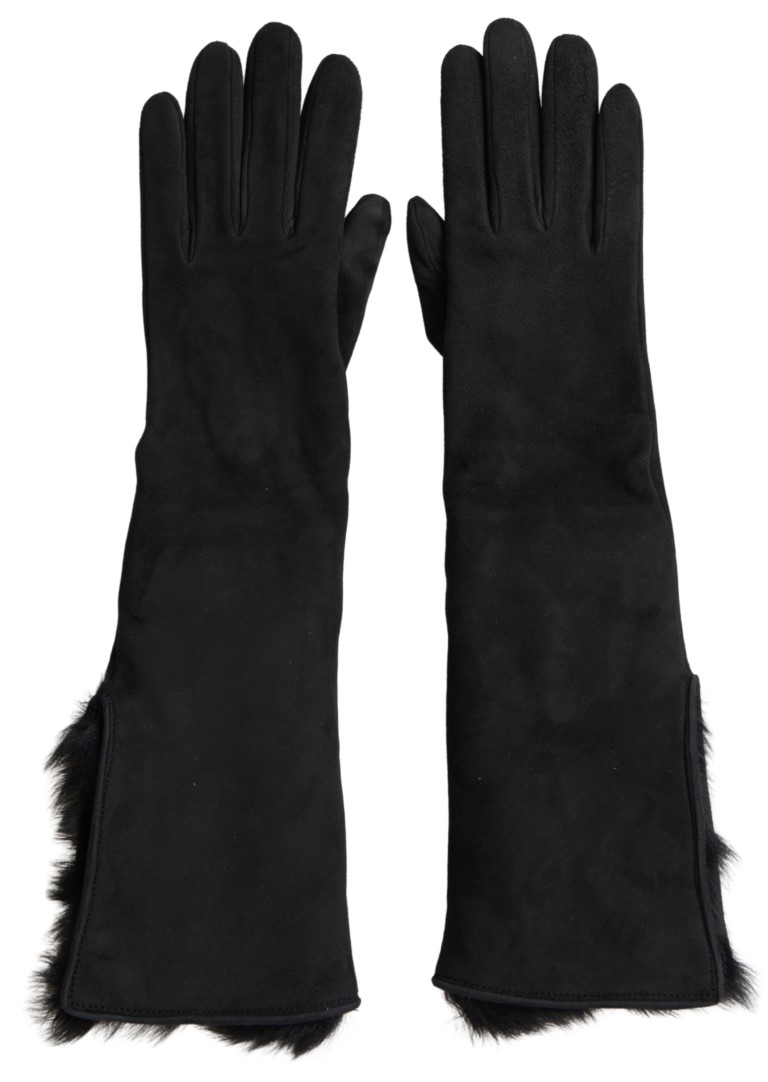 Black Leather Fur Elbow Length Gloves hover