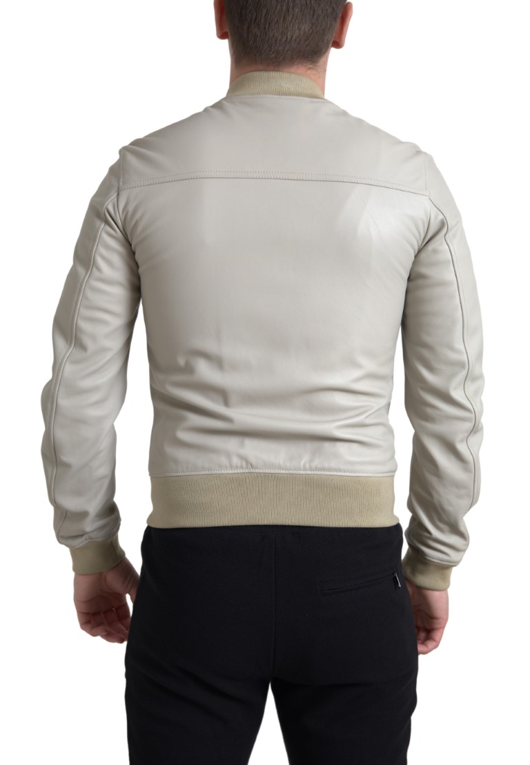 Cream Leather Bomber Blouson Full Zip Jacket hover