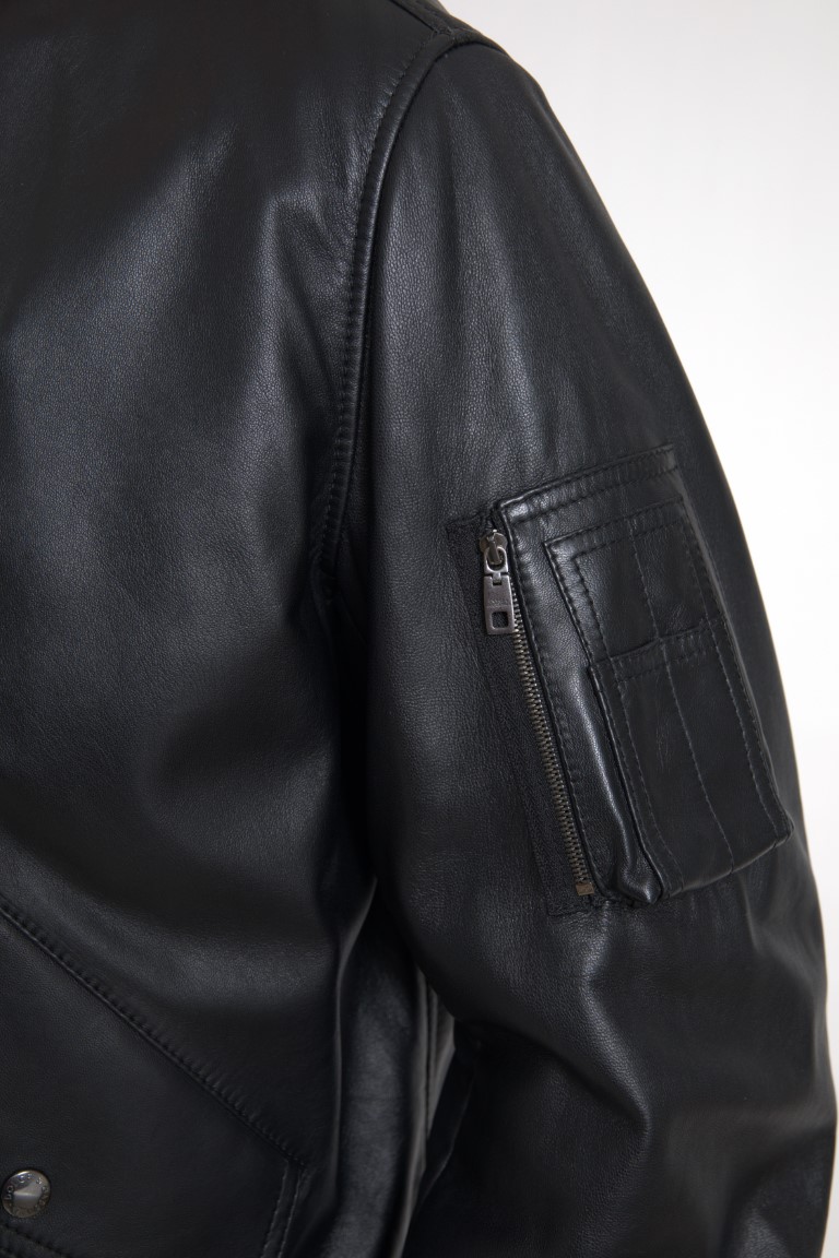 Black Leather Blouson Full Zip Bomber Jacket hover