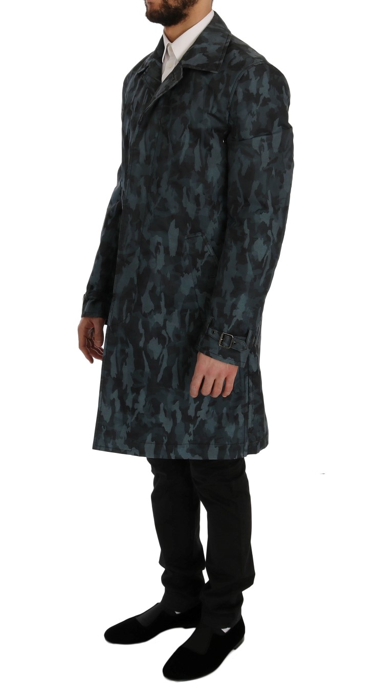 Blue Camouflage Trench Coat Elegance hover
