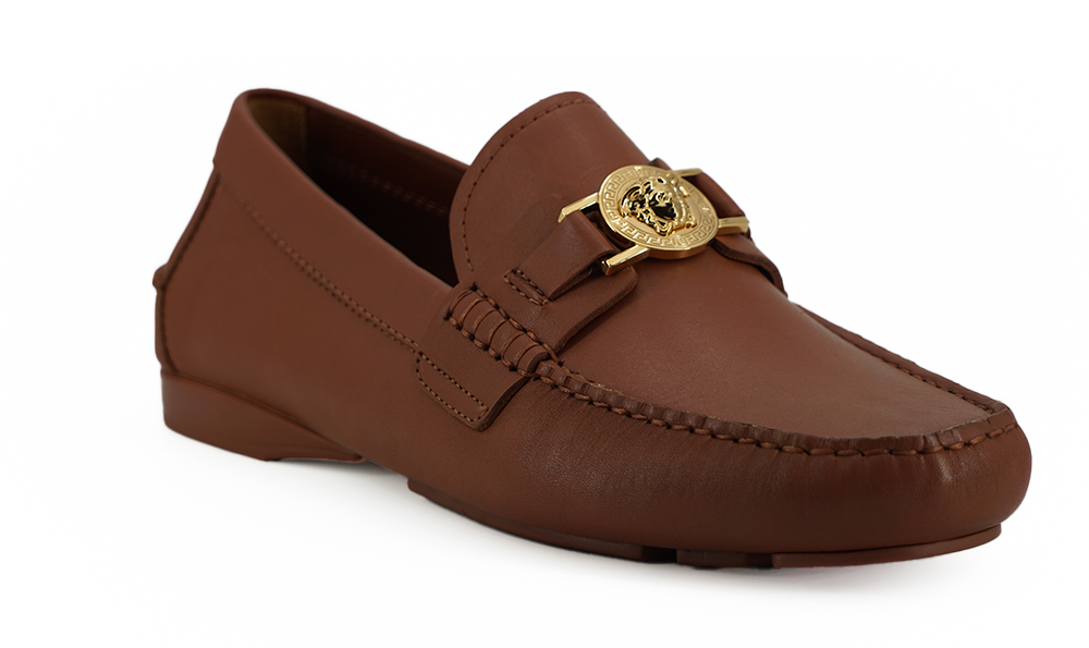 Elegant Medusa-Embossed Leather Loafers hover