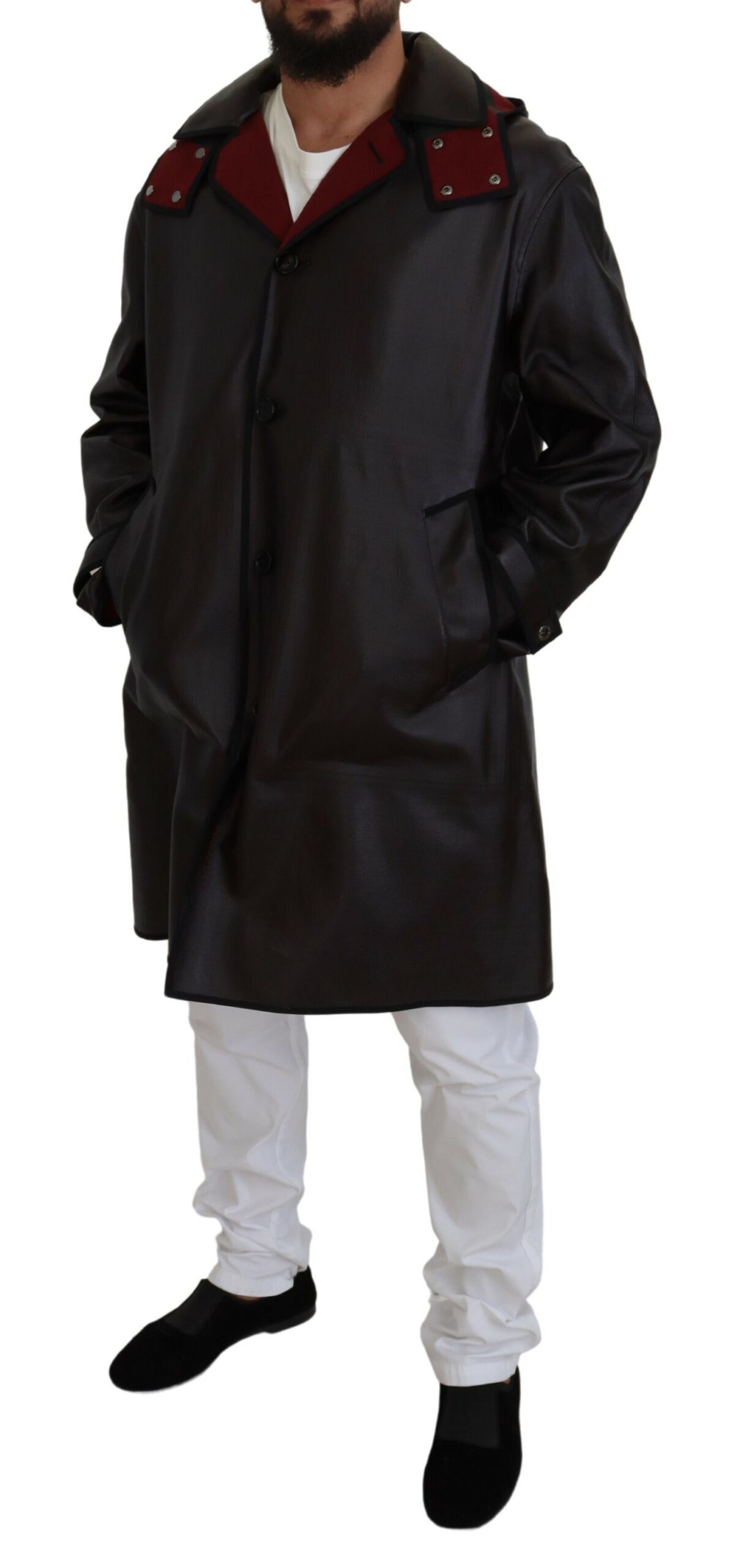 Elegant Hooded Parka Coat in Black and Bordeaux hover