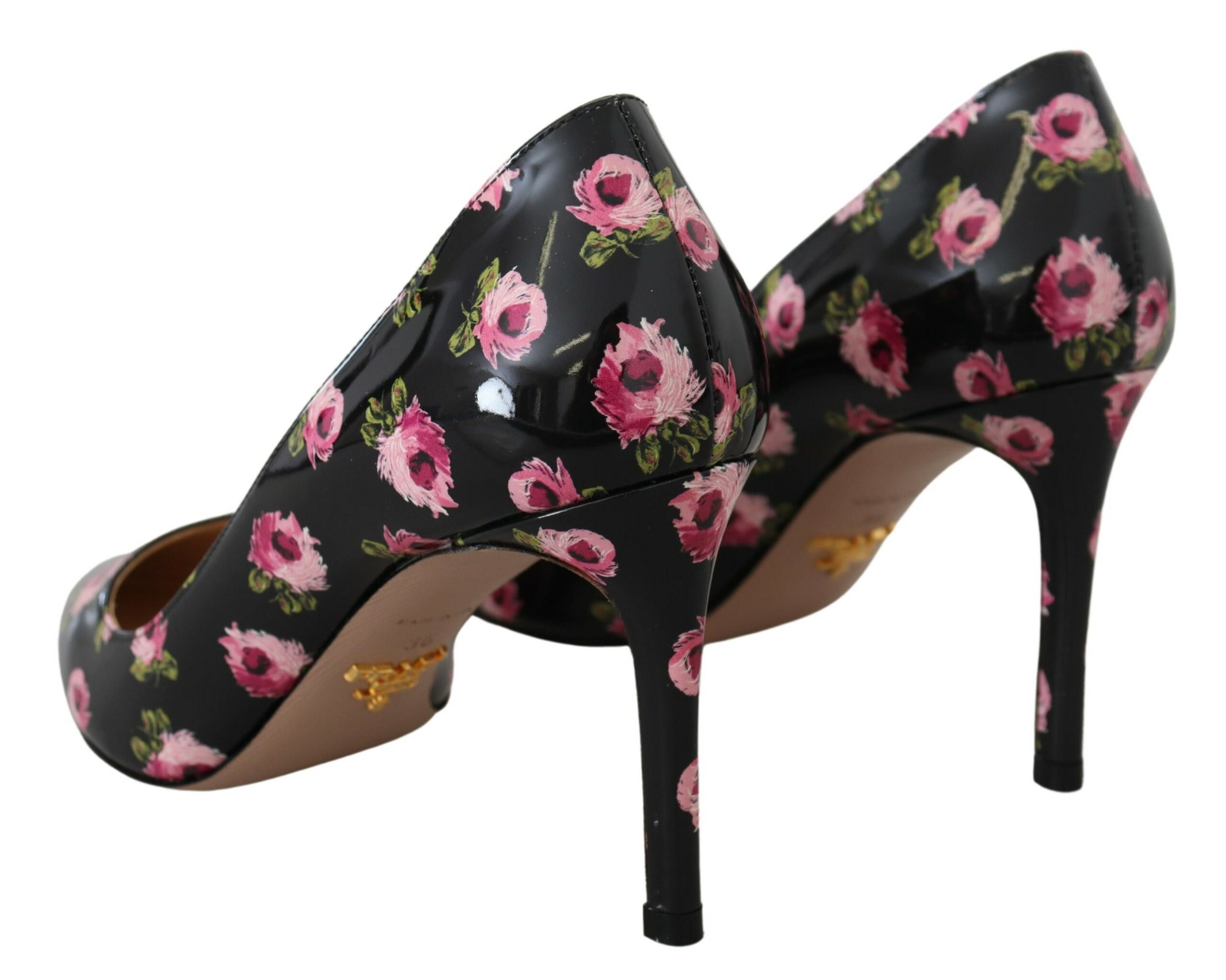 Black Leather Floral Heels Stilettos Pumps hover