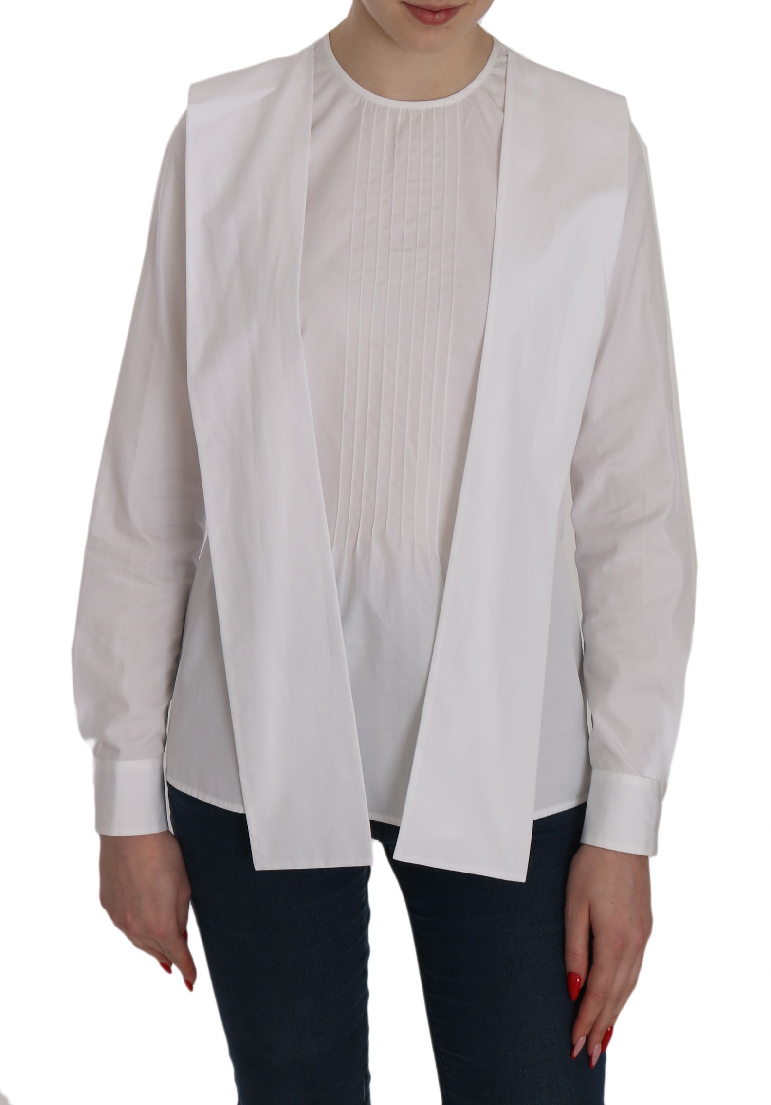 White Crew Neck Long Sleeve Cotton Blouse hover