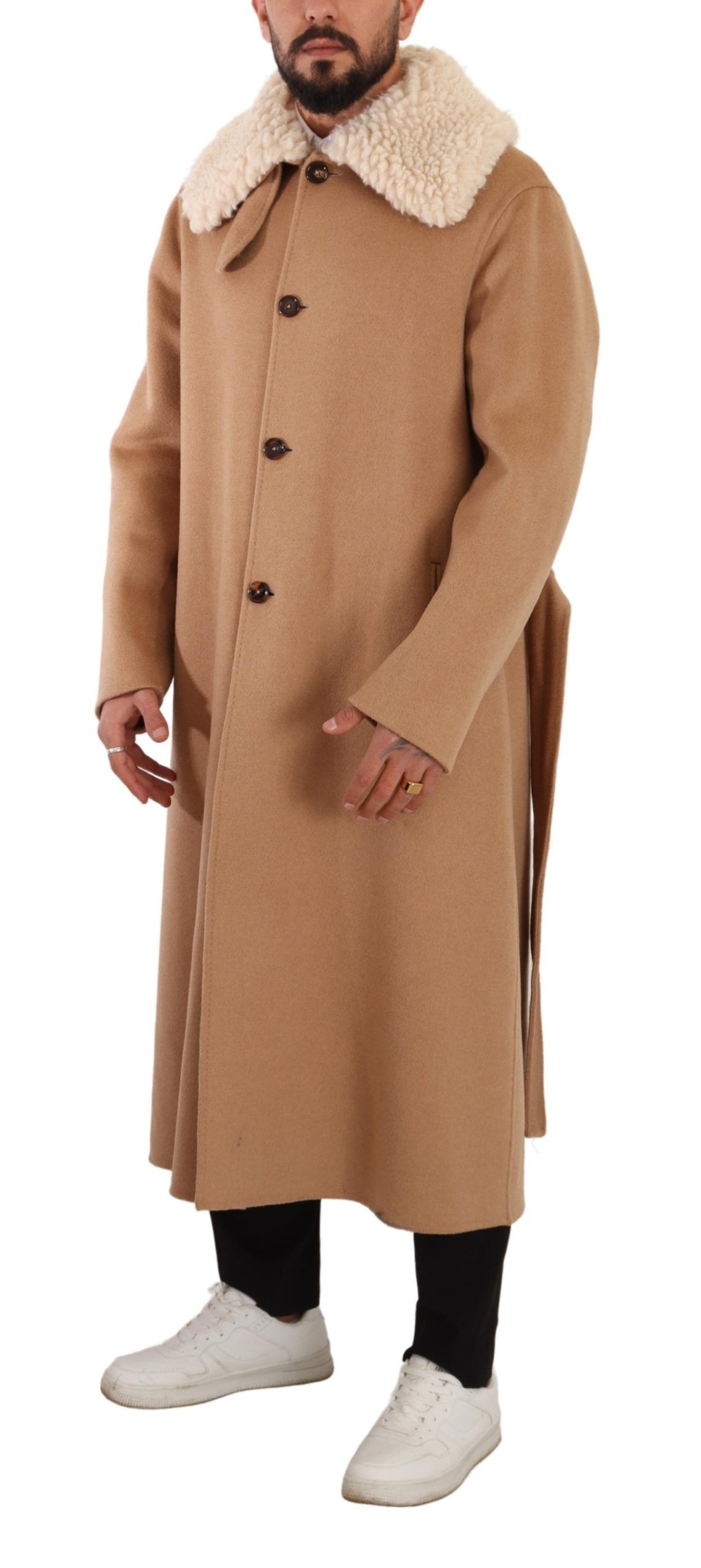 Opulent Beige Shearling-Collar Overcoat hover