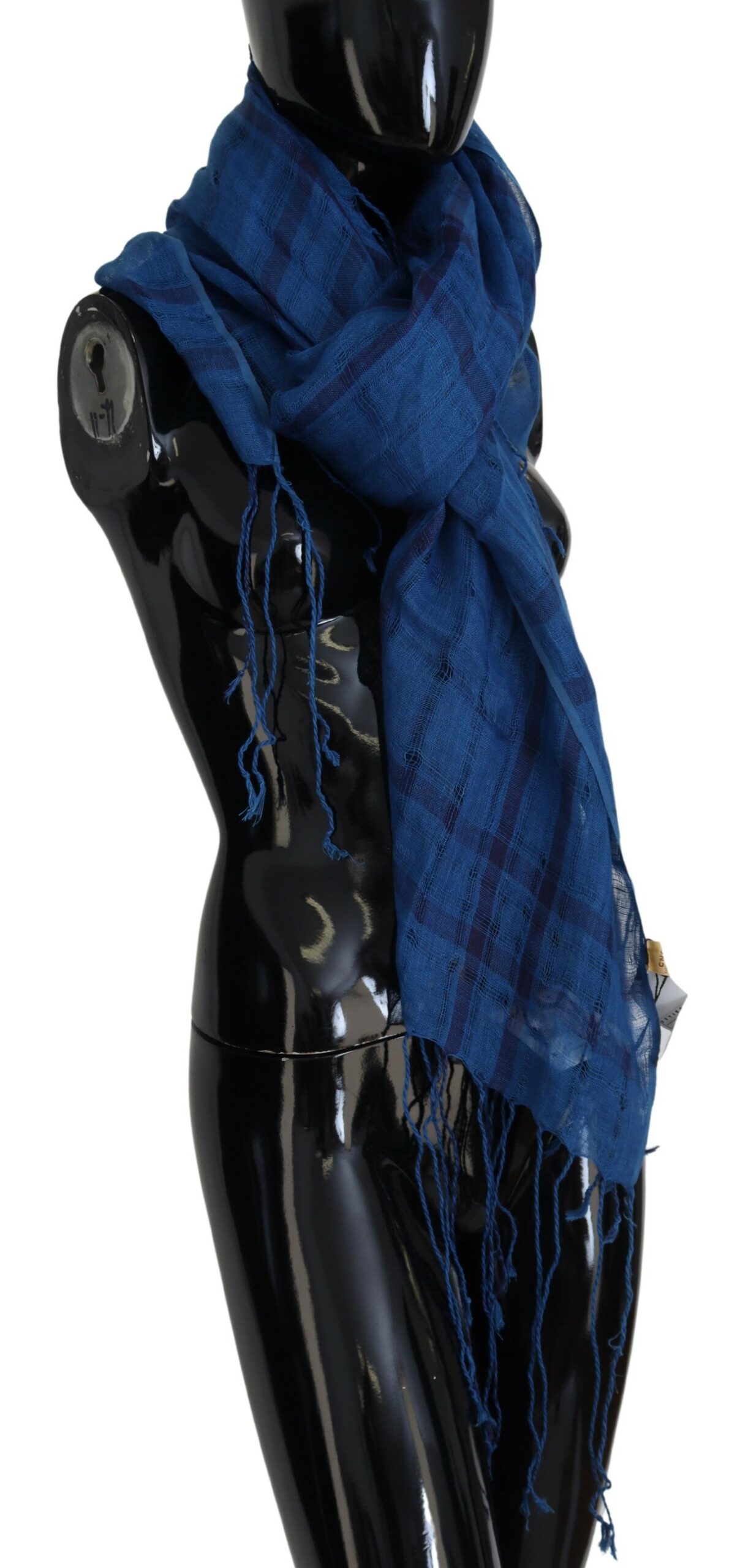 Blue Linen Shawl Foulard Fringes Scarf hover