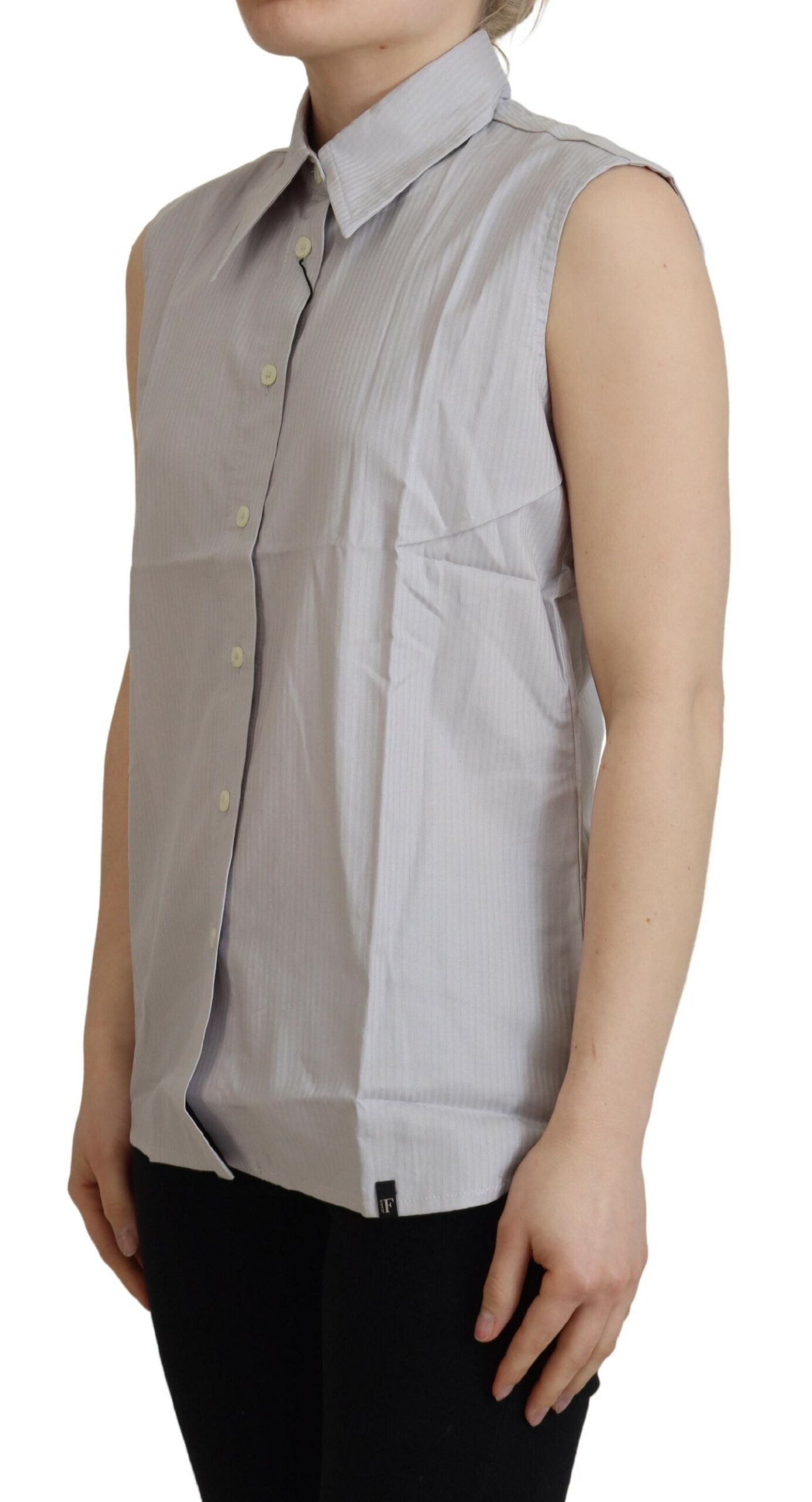 Light Gray Stripes Cotton Sleeveless Collared Top hover