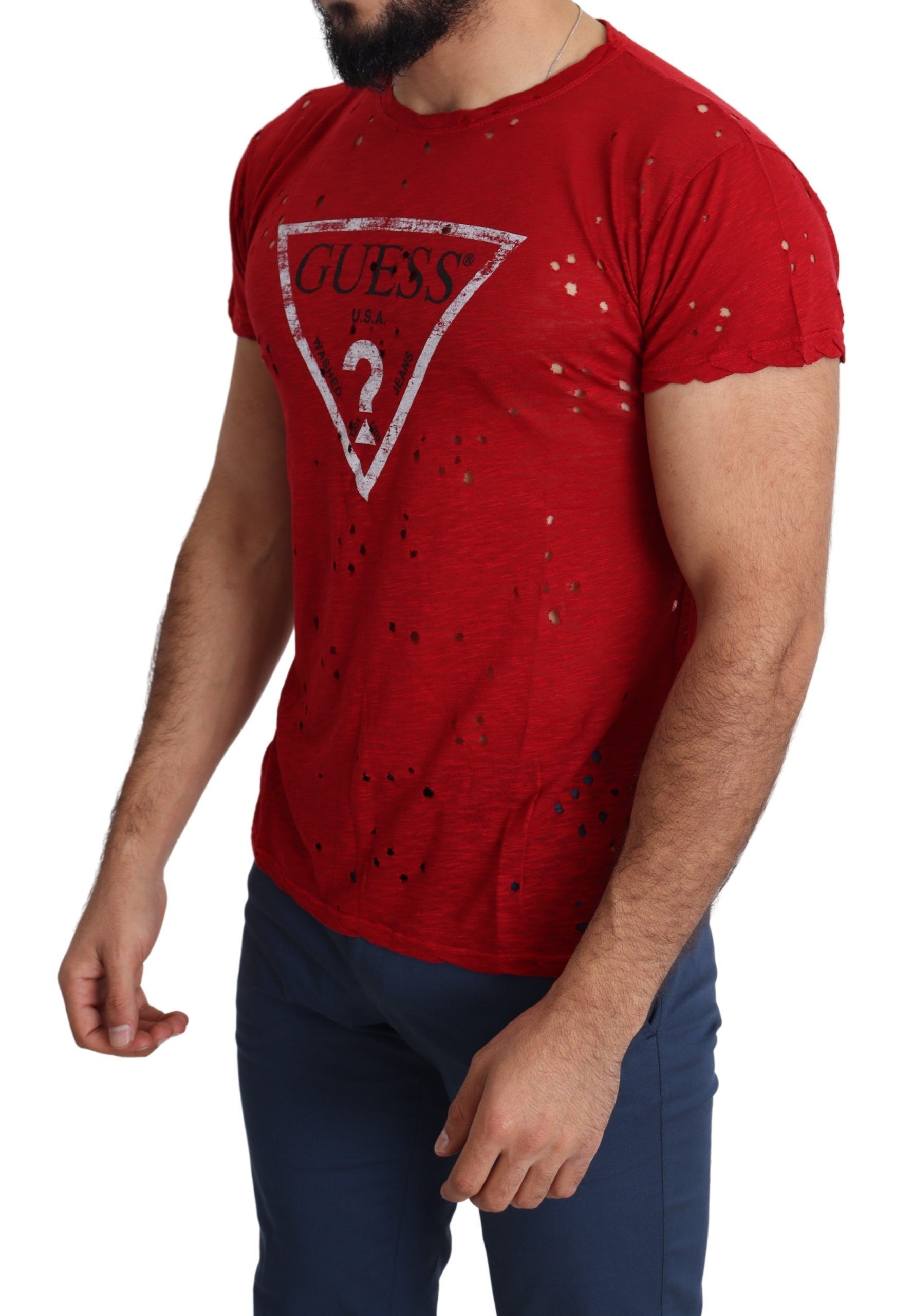 Red Cotton Logo Print Men Casual Top Perforated T-shirt hover