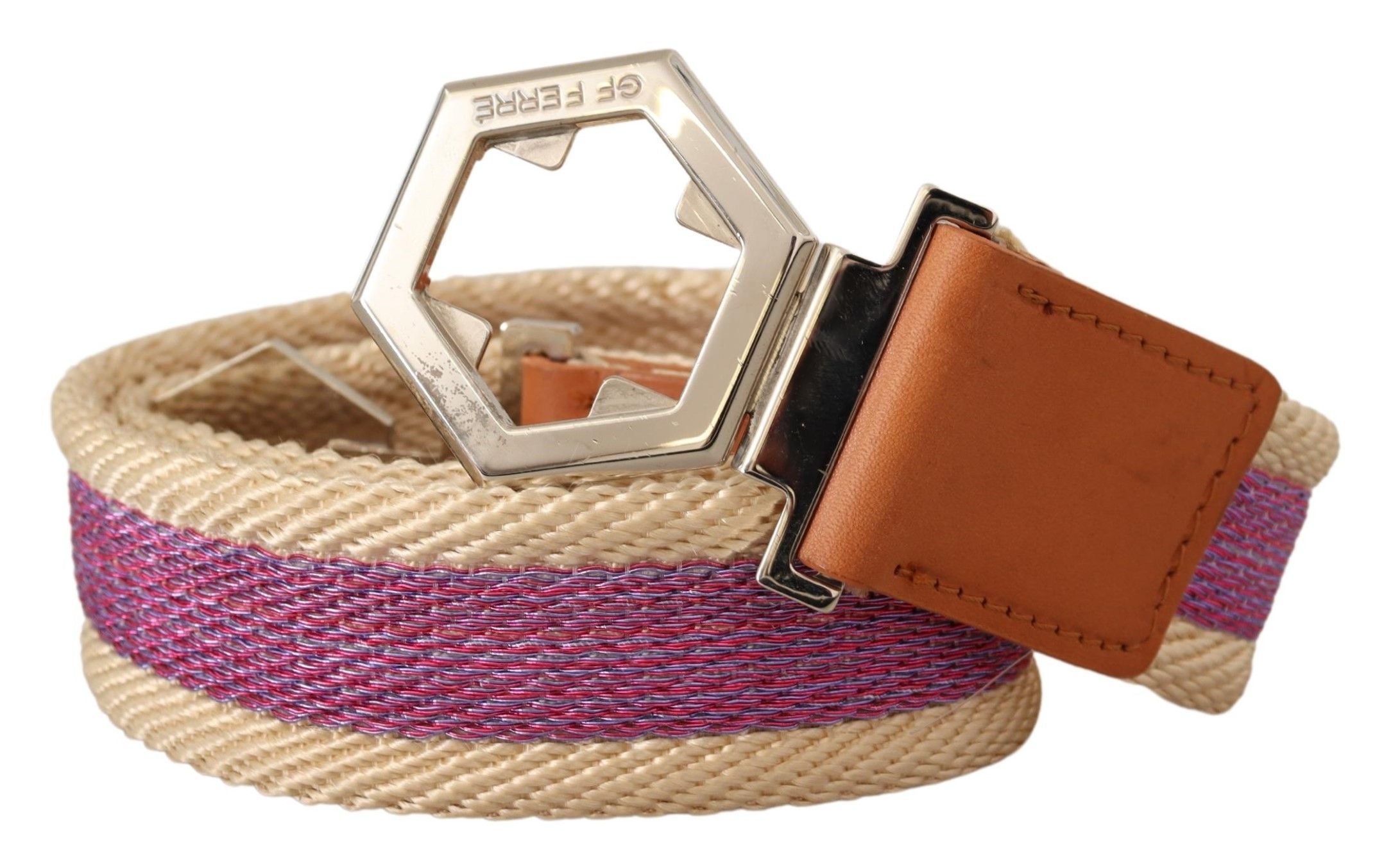 Multicolor Leather Silver Hexagon Logo Buckle Belt hover