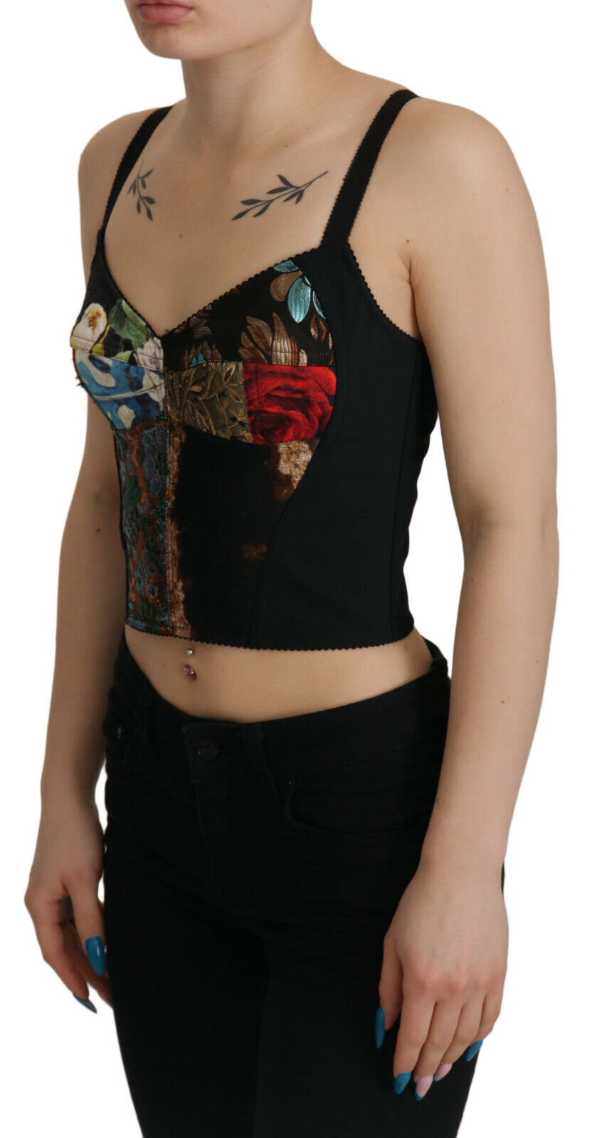 Black Patchwork Sicily Blouse Corset Cropped Top hover