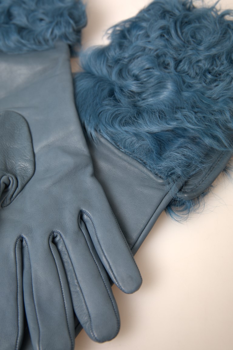 Blue Leather Fur Mid Arm Length Gloves hover
