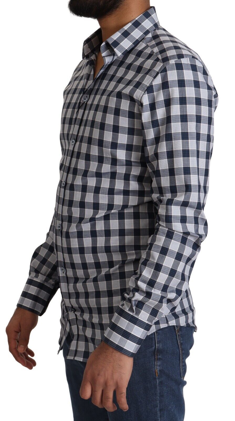 Elegant Blue & White Checkered Slim Fit Dress Shirt hover