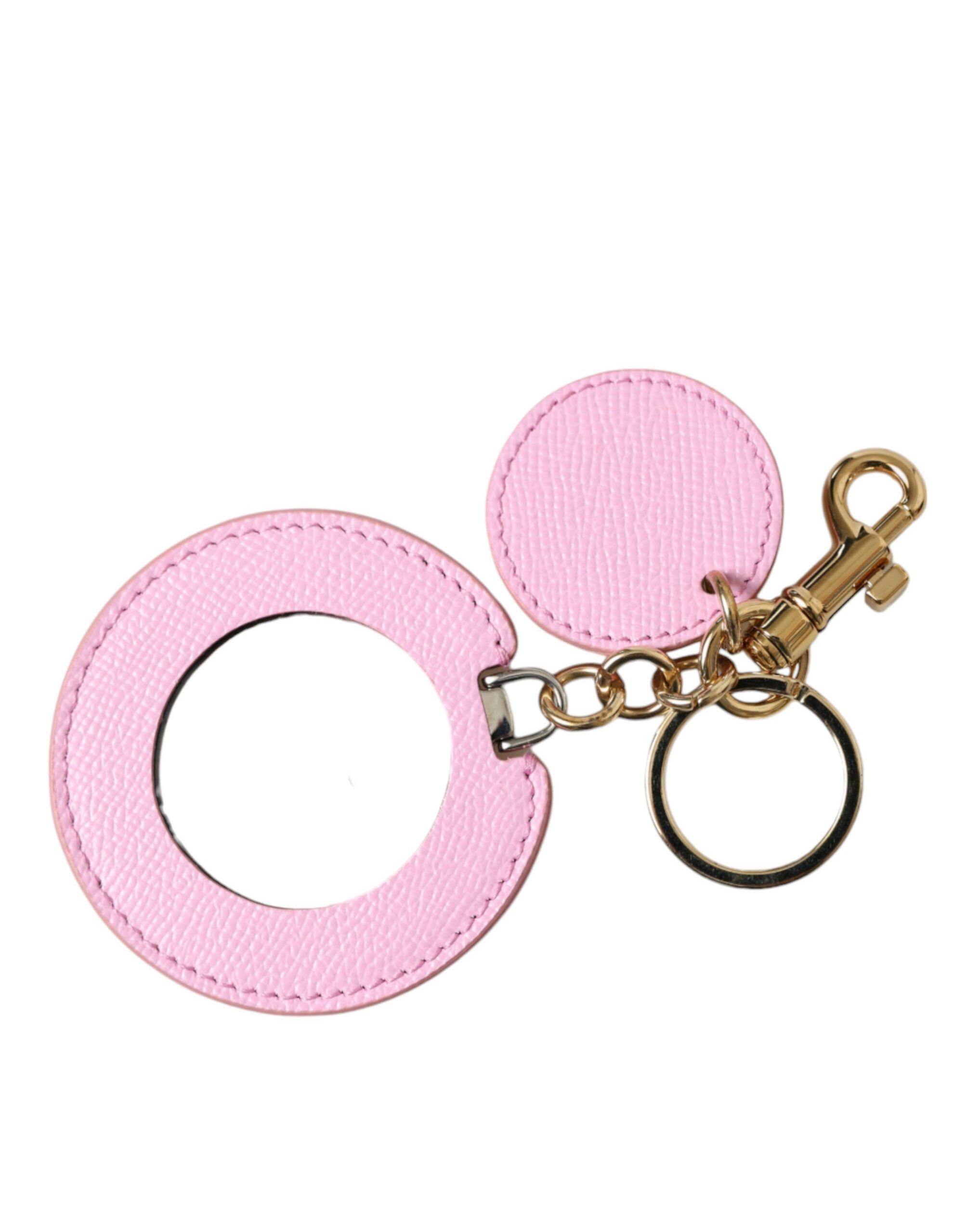 Pink Calf Leather Gold Metal Logo Print Keyring Keychain hover