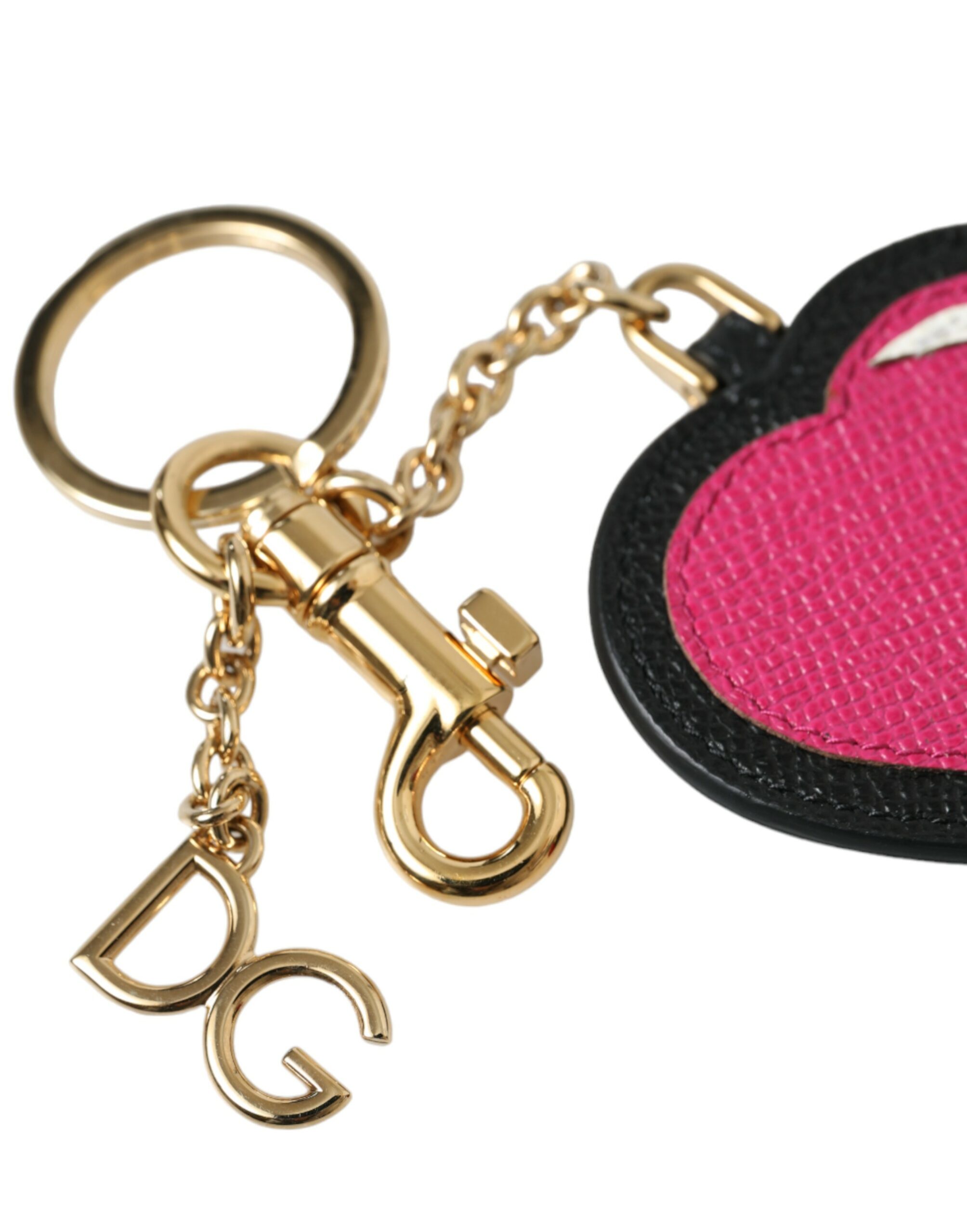 Pink Black Heart Leather Gold Tone Brass Keyring Keychain hover