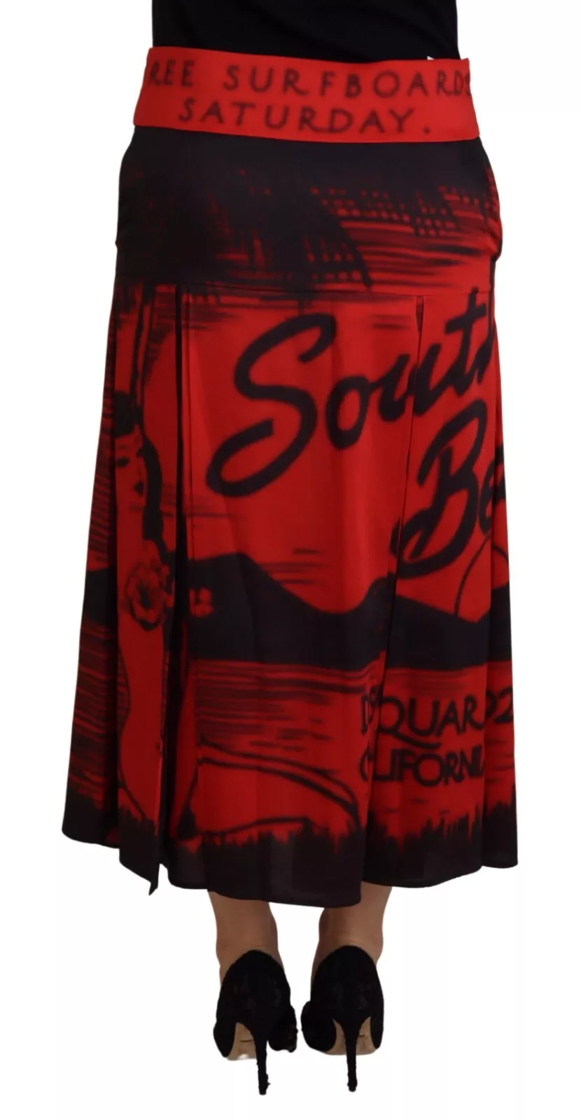 Red Printed High Waist A-line Pleated Midi Skirt hover