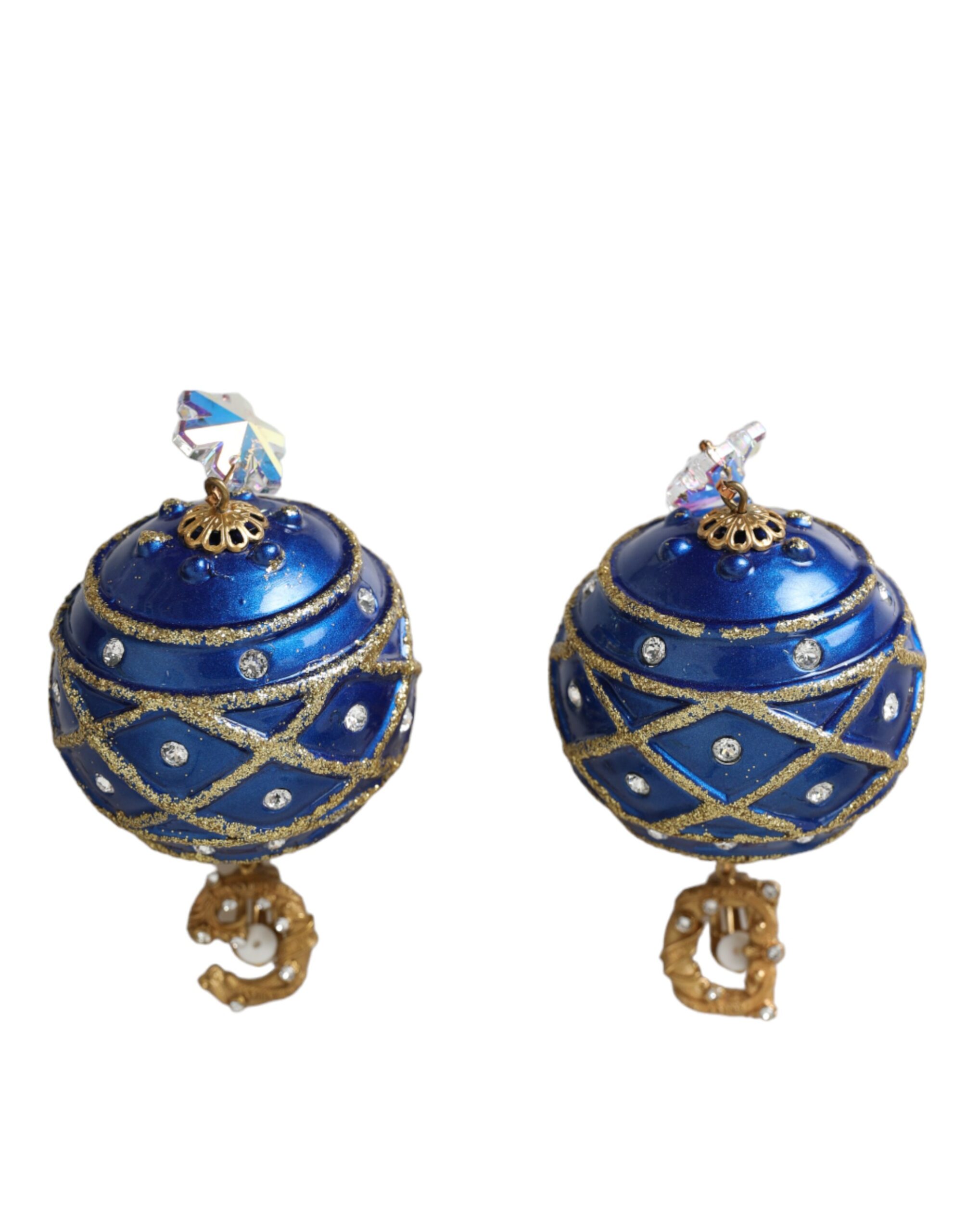 Gold Brass Blue Dangle Christmas Ball Crystal Clip On Earrings hover