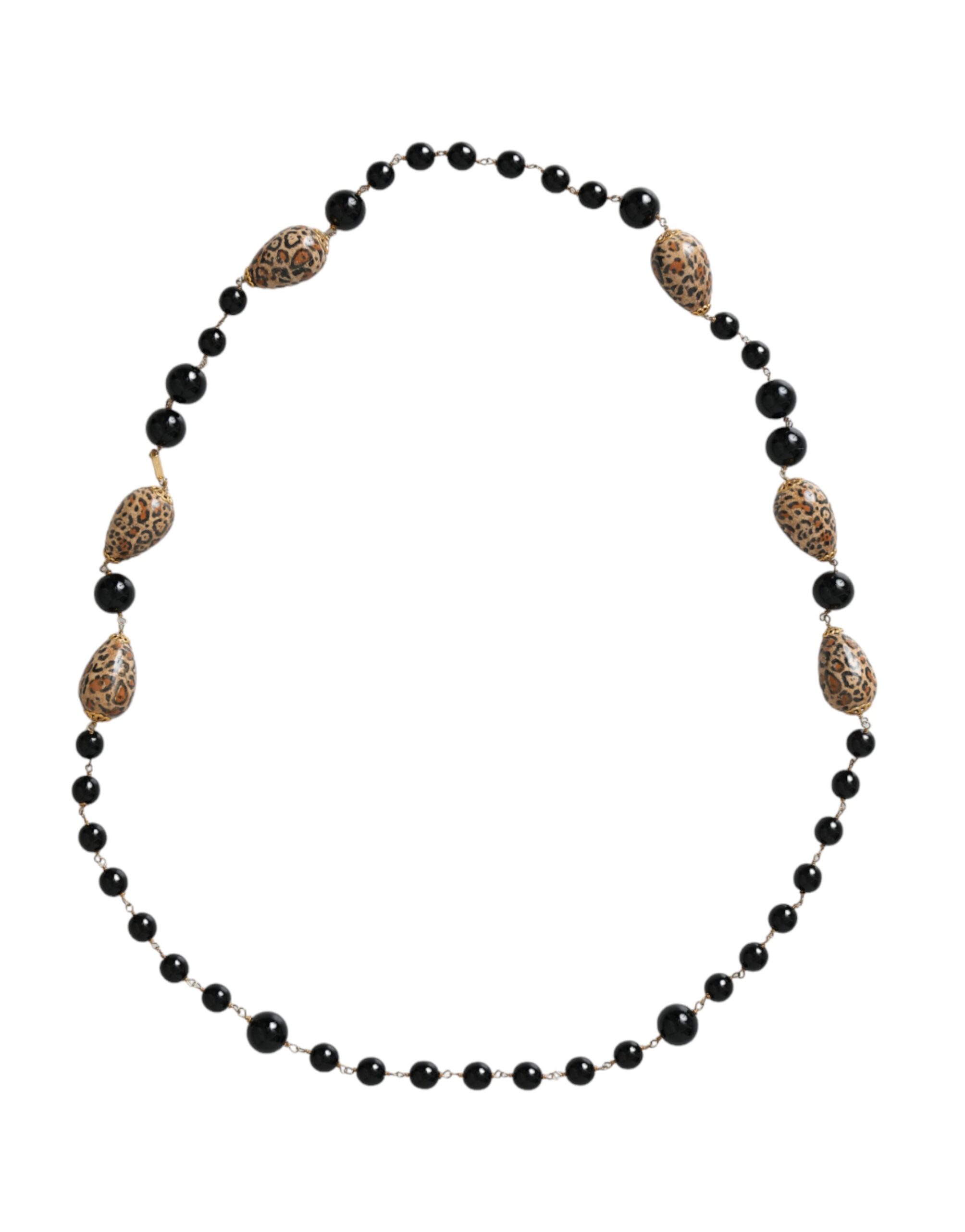 Gold Tone Brass Black Printed Beaded Long Chain Necklace hover