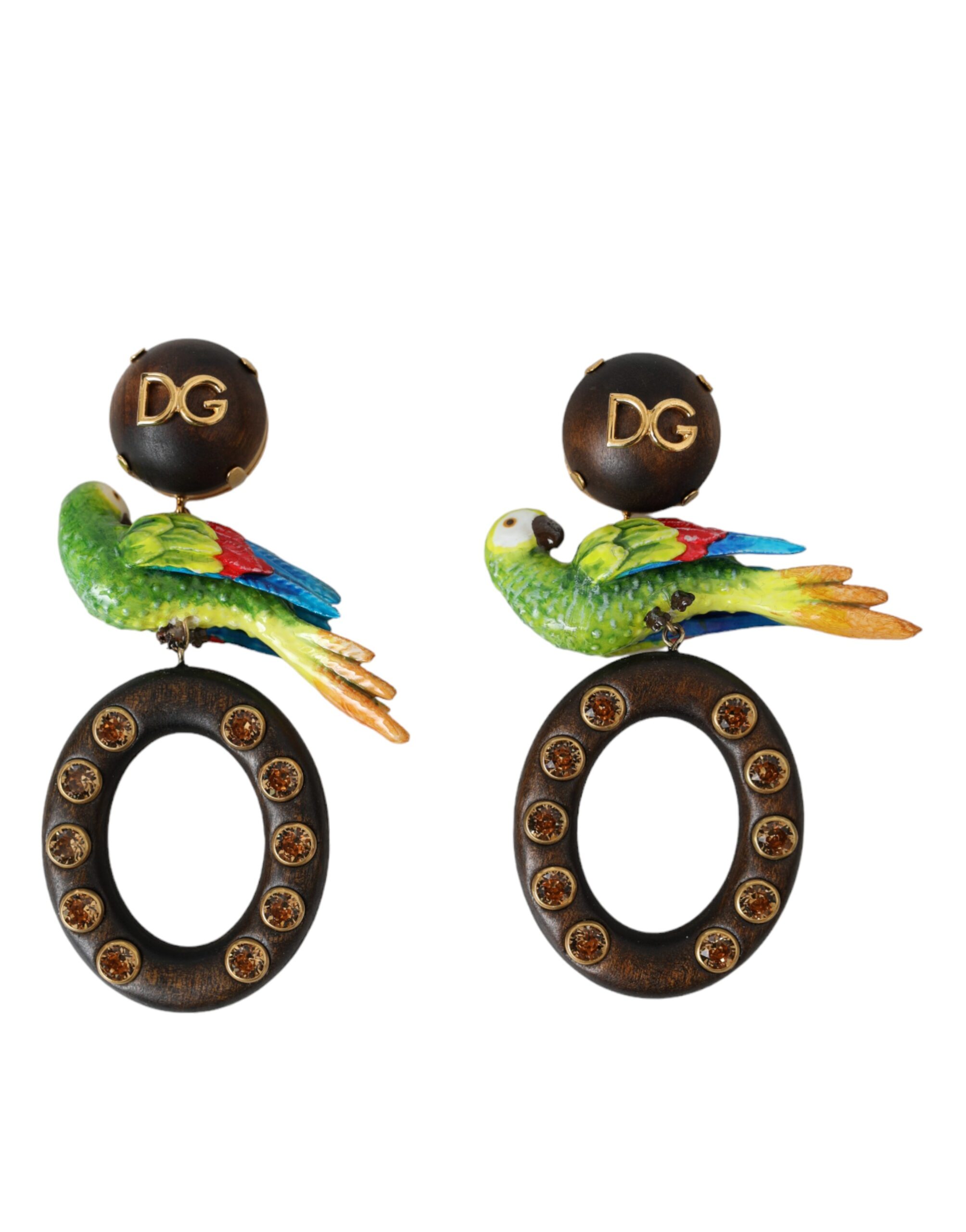 Multicolor Parrot Wood Brass Crystal Embellished Earrings hover