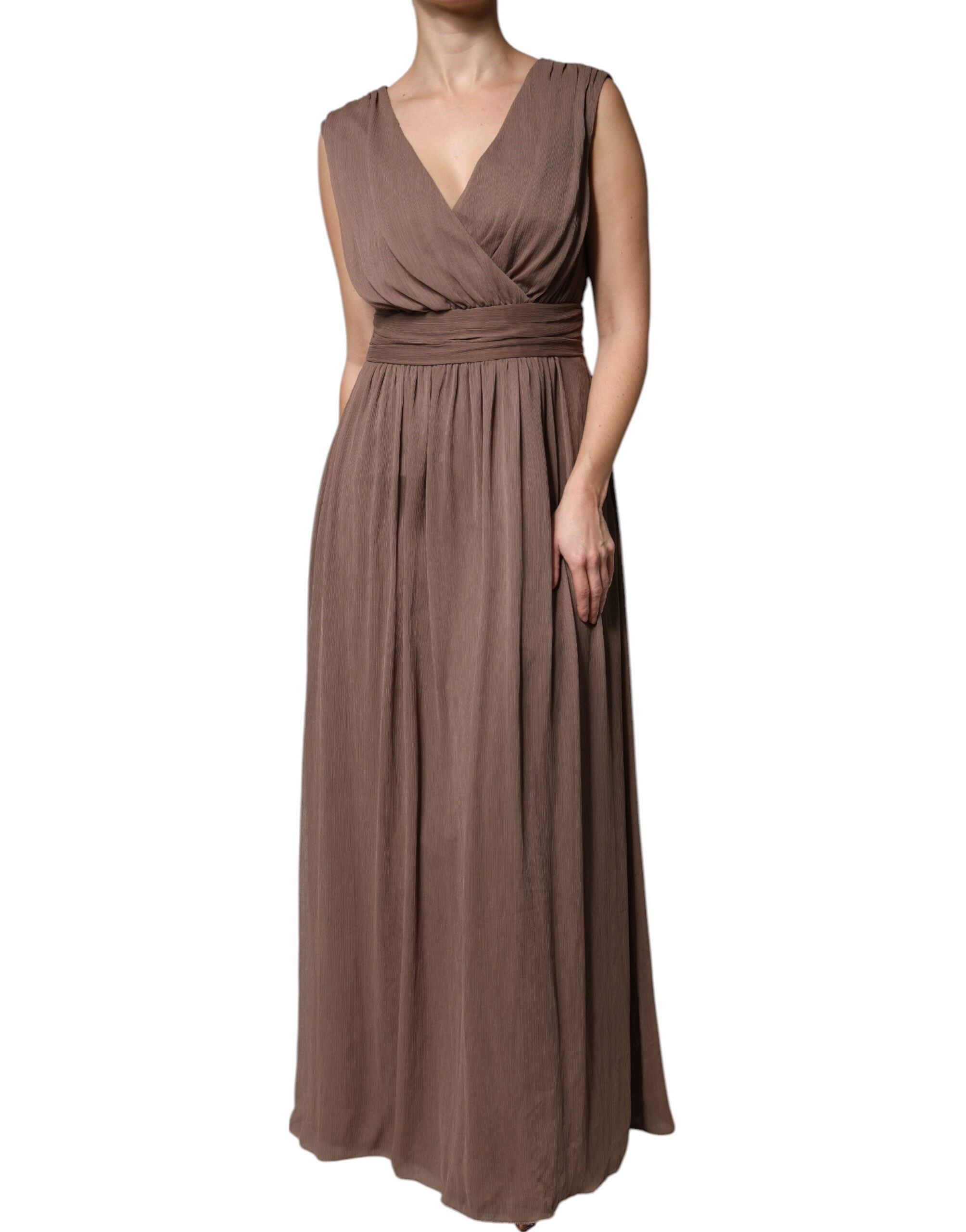 Brown Sleeveless Deep V-neck A-line Long Maxi Dress hover