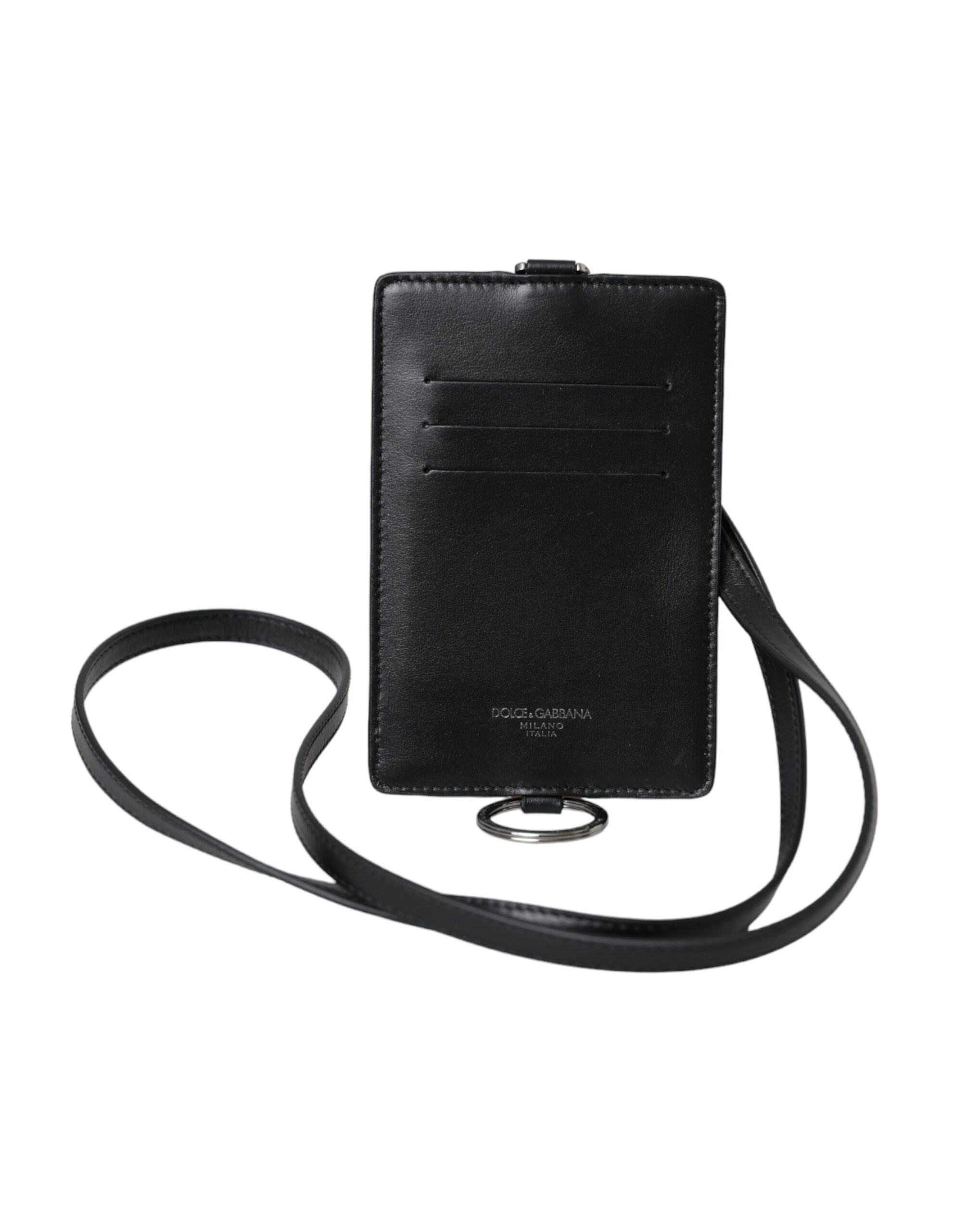 Black Calf Leather Lanyard Logo Card Holder Men Wallet hover