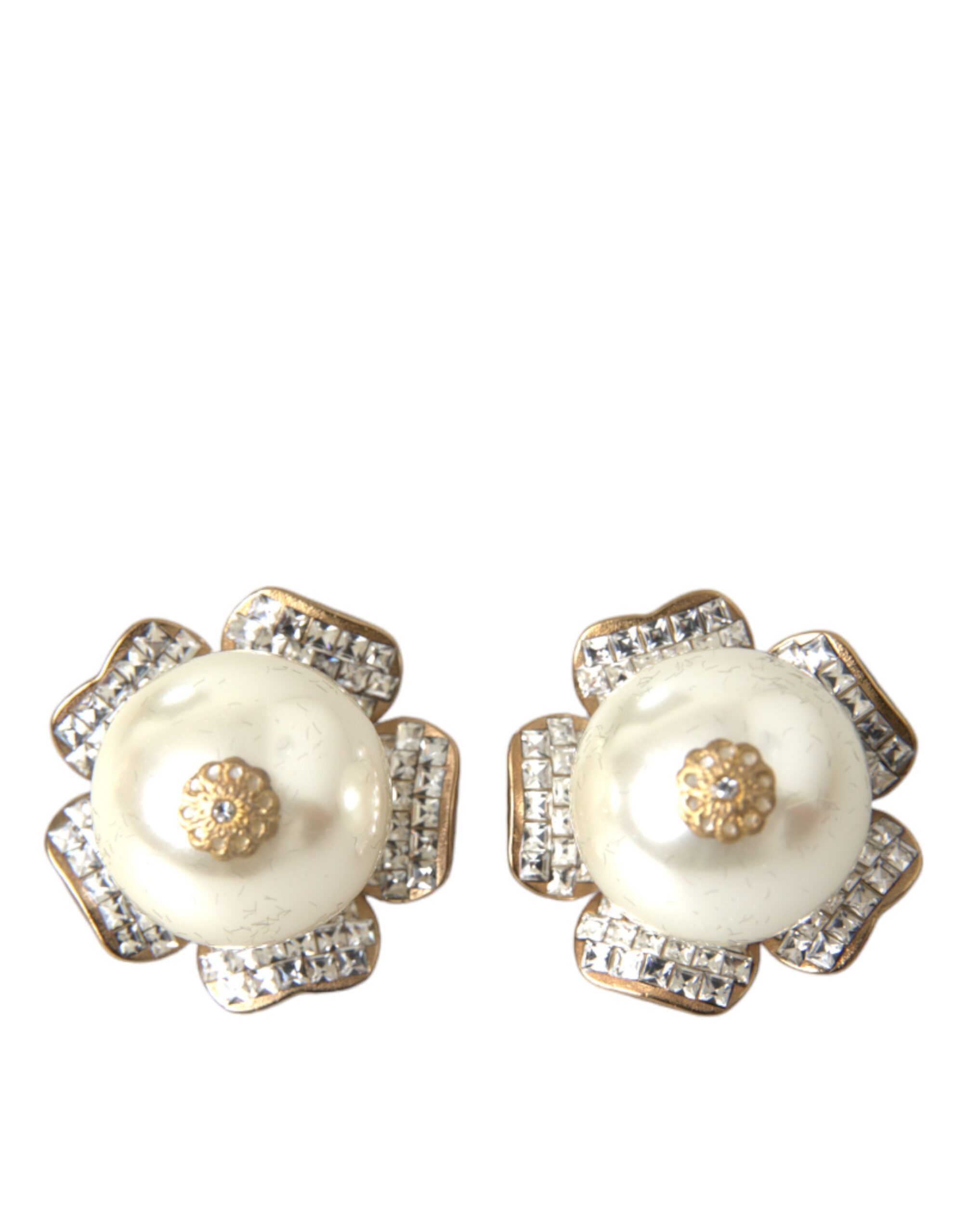 Gold Tone Maxi Faux Pearl Floral Clip-on Jewelry Earrings hover