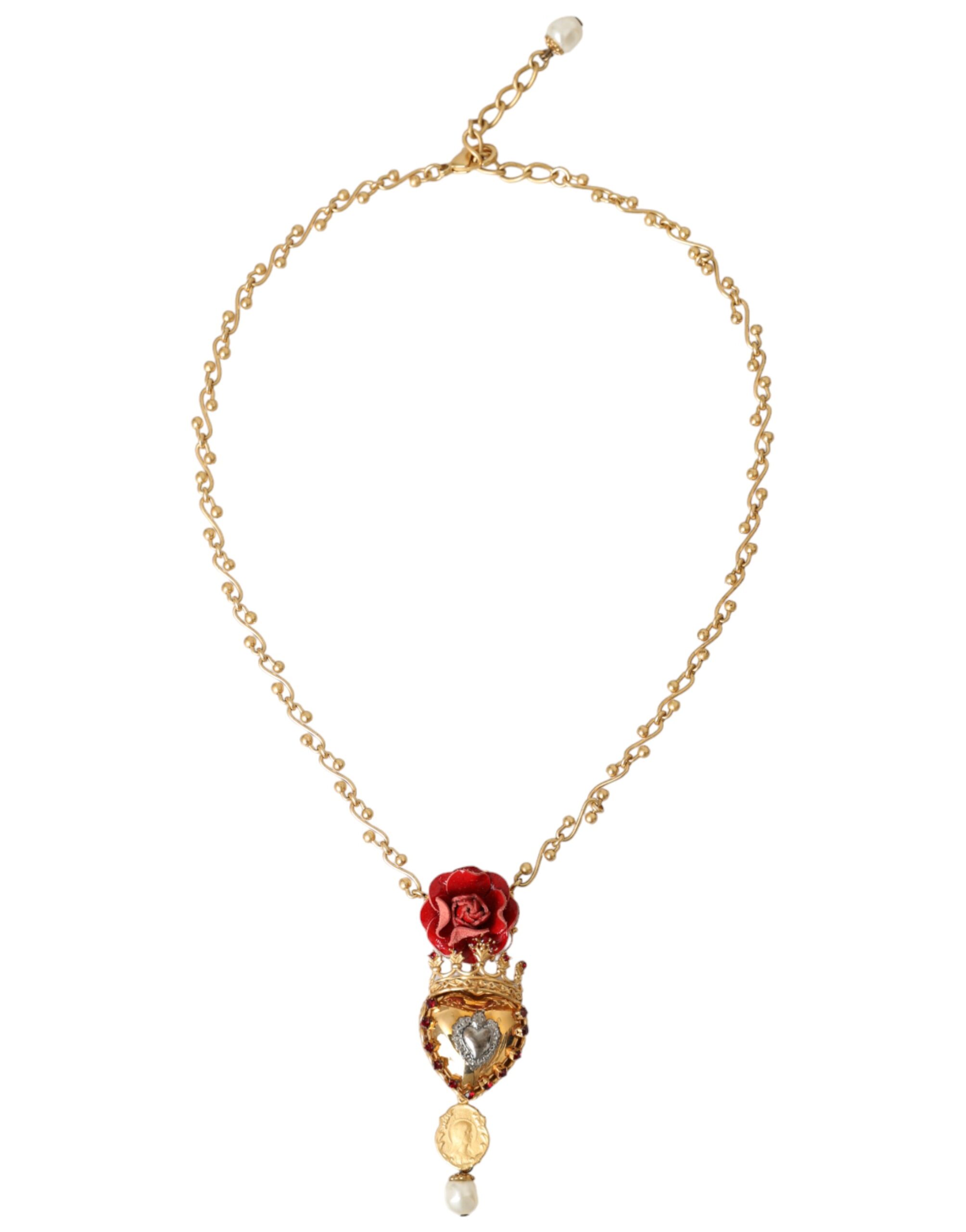 Gold BrassChain Sacred Heart Rose Crystal Charm Necklace hover