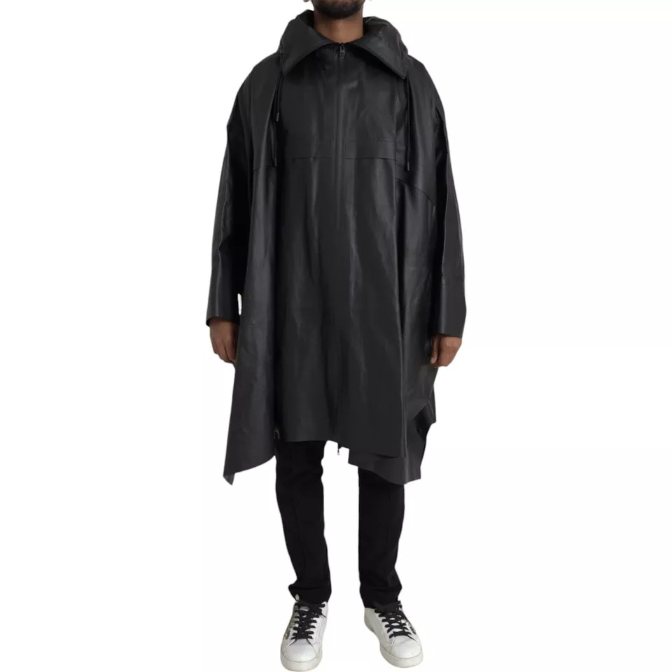 Black Leather Hooded Men Trenchcoat Jacket hover